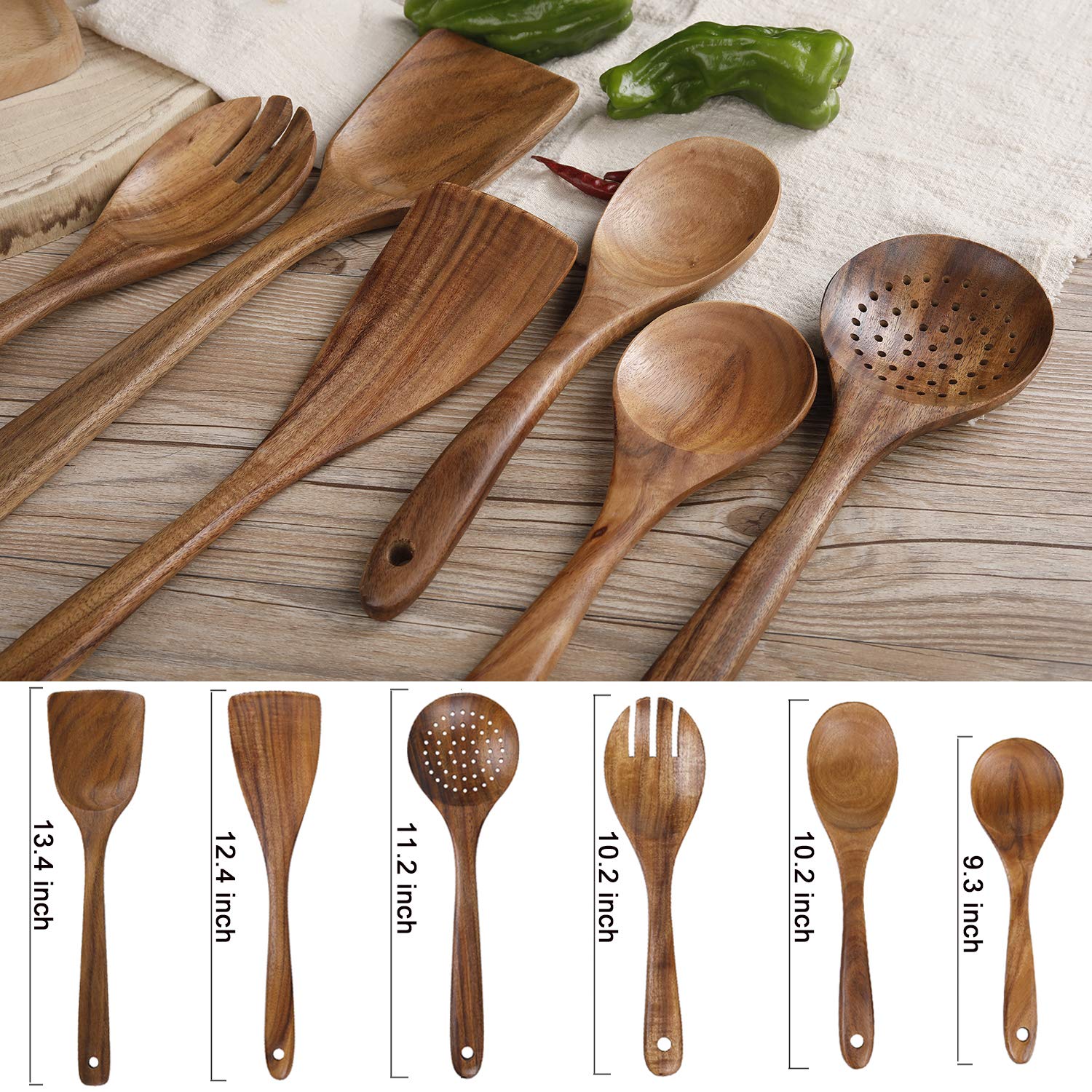 Küchenutensilien-Set, Holzlöffel zum Kochen, natürliches Teakholz, Küchenspatel-Set zum Kochen, inklusive Löffel, Schöpflöffel, Gabel, antihaftbeschichtet, Pfanne, Küchenwerkzeug (6)