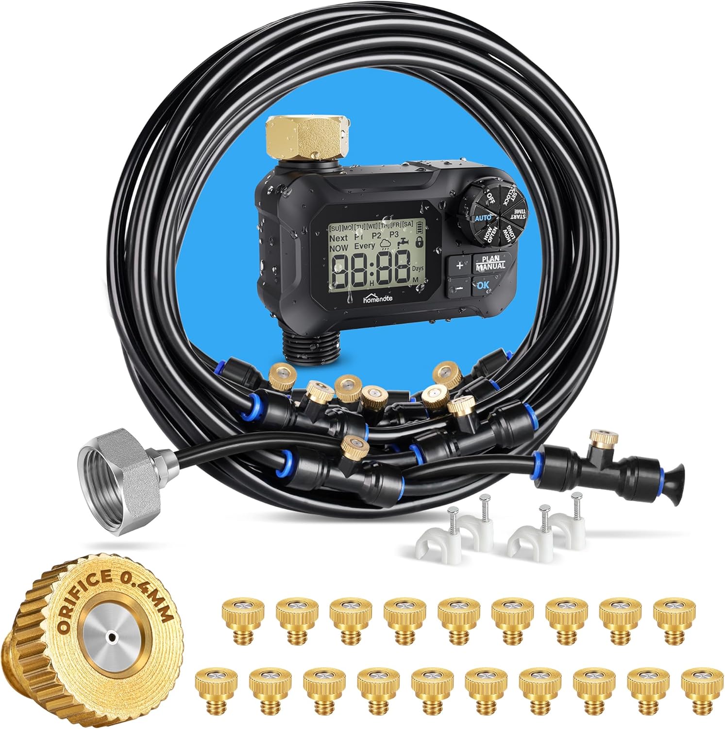 homenote 46FT (14M) Misting Cooling System with Timer, 20 Pack Brass Misting Nozzles 0.0157" Orifice (0.4 mm), Outdoor Mister for Patio Outside Garden Greenhouse Watering