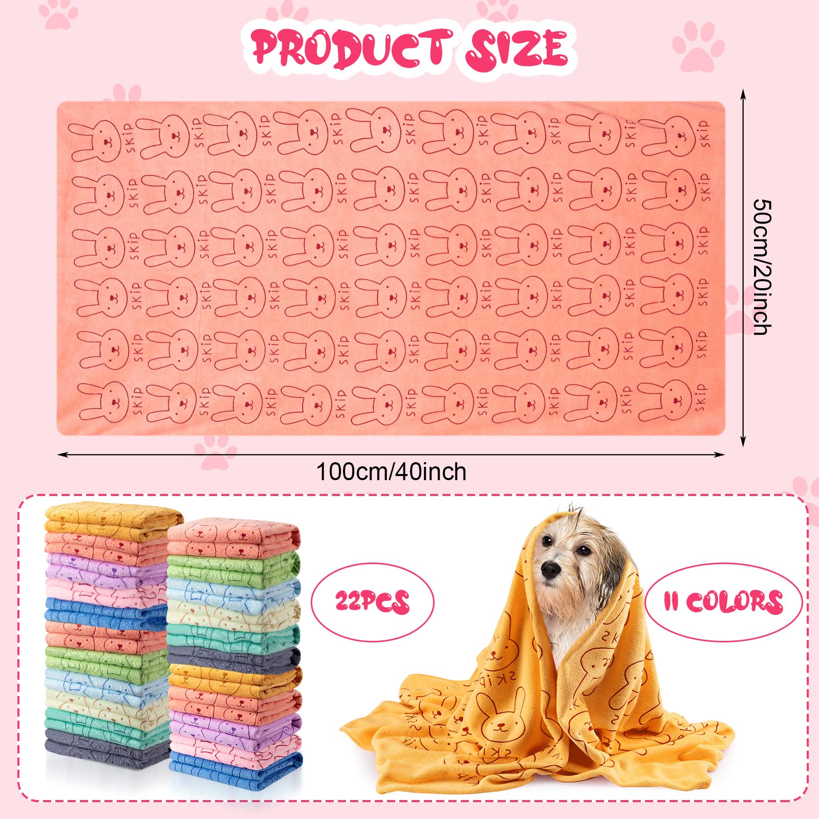 Tatuo Lot de 22 serviettes de bain absorbantes en microfibre à séchage rapide pour chien de petite, moyenne et grande taille - Motif lapin - 50,8 x 101,6 cm