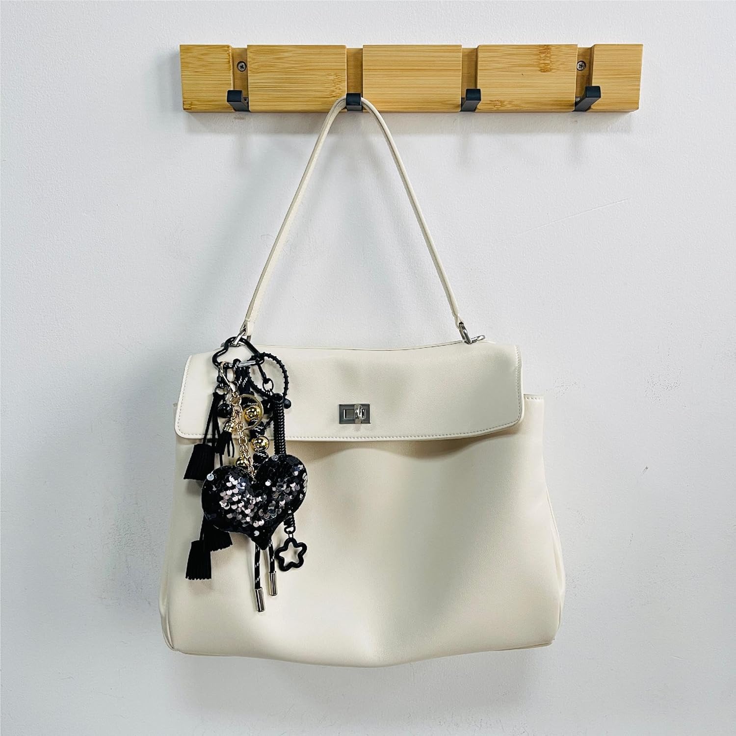 Black Tassel Sequins Heart Keychain for Women, Beaded Braided Rope Purse Charms for Handbag, Accessory Bag Charms for Tote Bag - Image 2