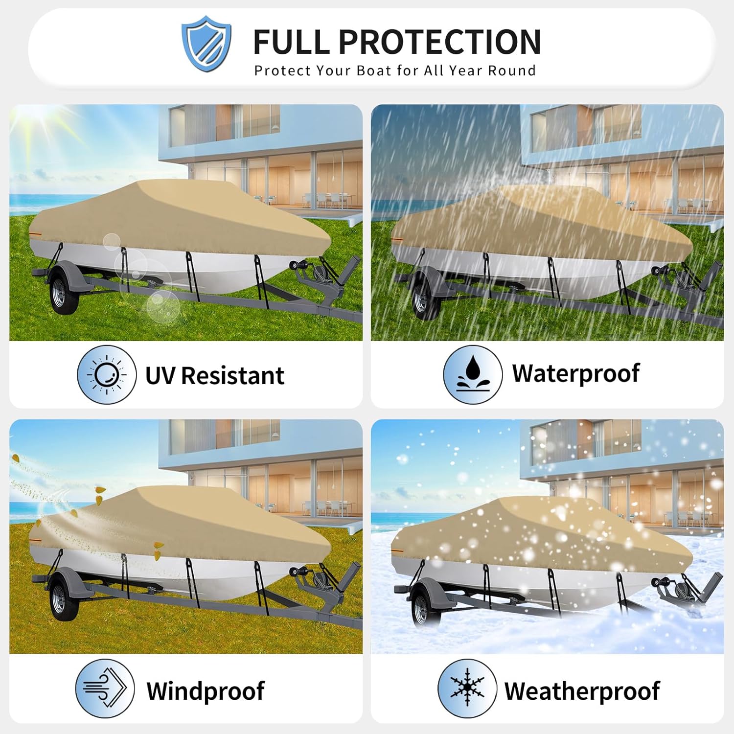OutdoorLines Waterproof Boat Covers 17-19 Ft Long Camel- Heavy Duty UV Resistant Trailerable Boat Covering for V-Hull,Tri-Hull, Bass, Runabout, Fish&Ski,Pro-Style Fishing Boats