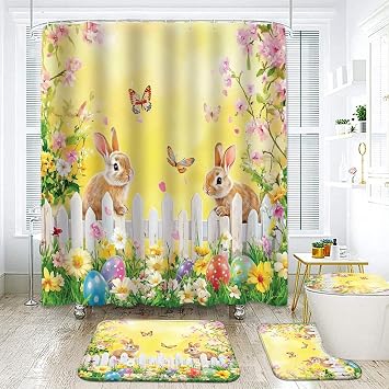 Easter Shower Curtain Sets, Cute Eeaster Gifts and Eggs Shower Curtain Set 72x72 with Bath Mat and Accessories for Bathroom Decor, Cartoon Curtain for Kids FH Curtain Set- Yellow Easter