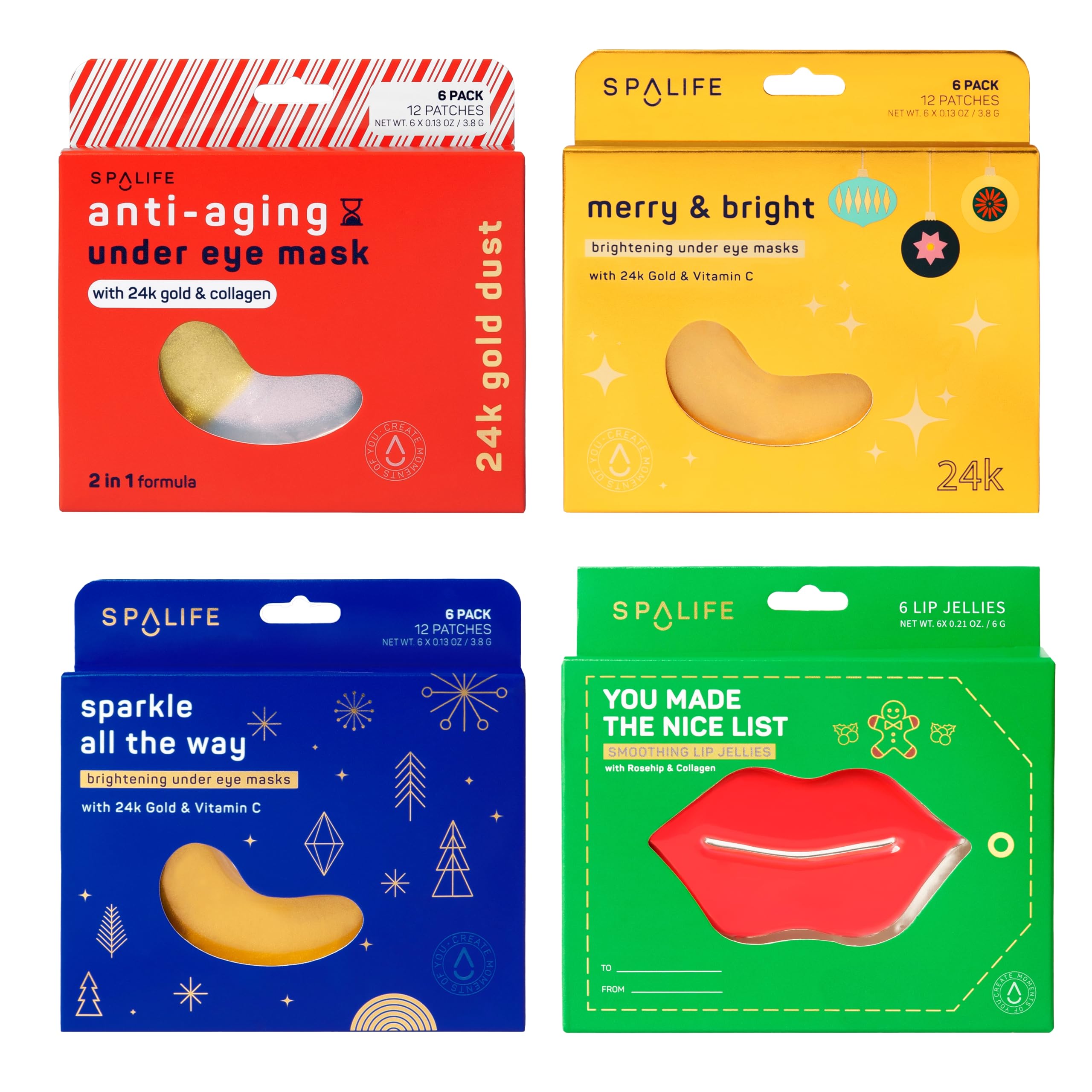 SpaLife HOLIDAY MAGIC HYDROGEL MASKS BUNDLE – Anti-Aging & Radiating Eye and Lip Masks with 24K Gold, Vitamin C & Collagen – Christmas Set for Her – Bundle of 24 Total Masks