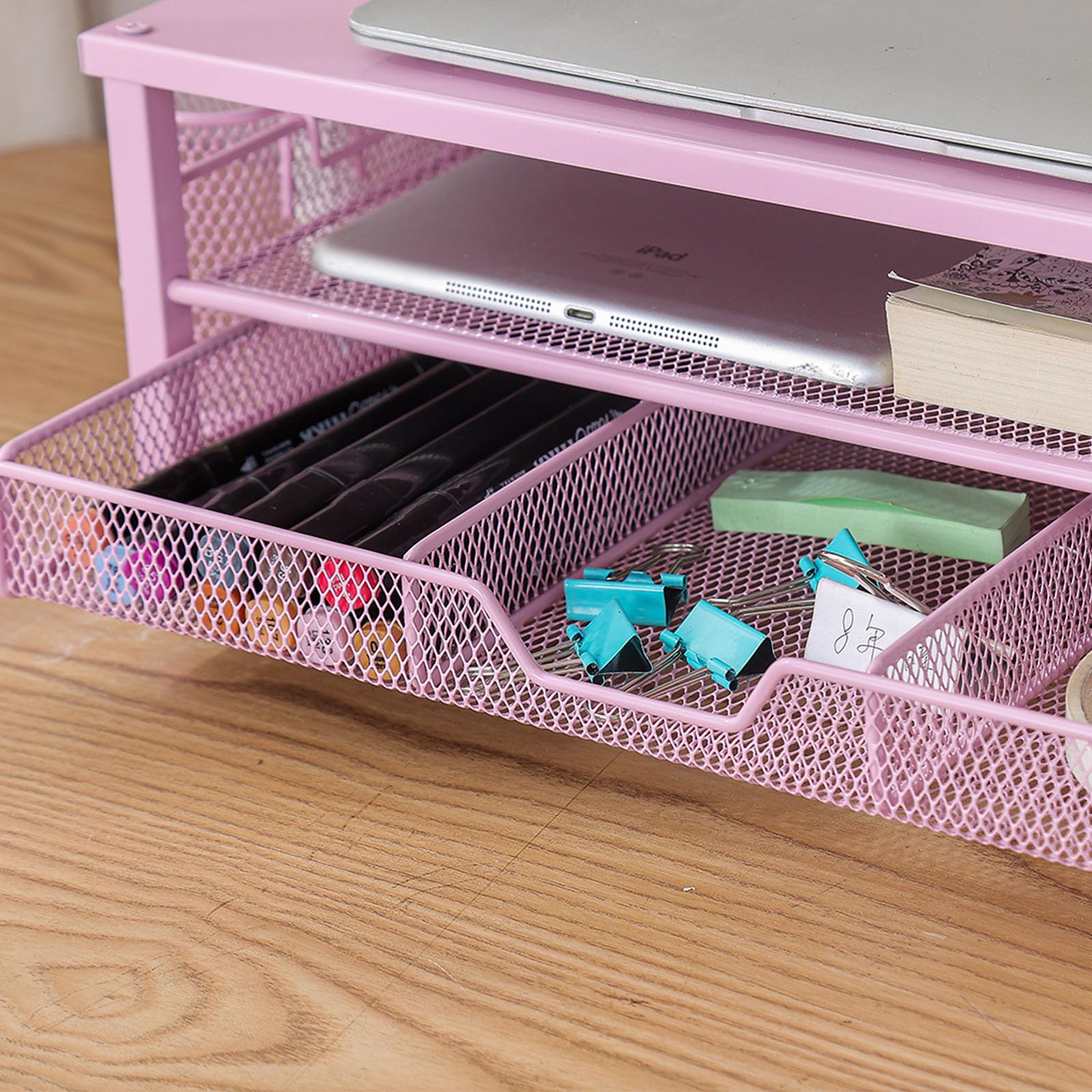 Supporto per schermo con cassetto di ventilazione, portapenne, tazza a doppio strato, in metallo, con organizer da scrivania laterale, monitor in alluminio