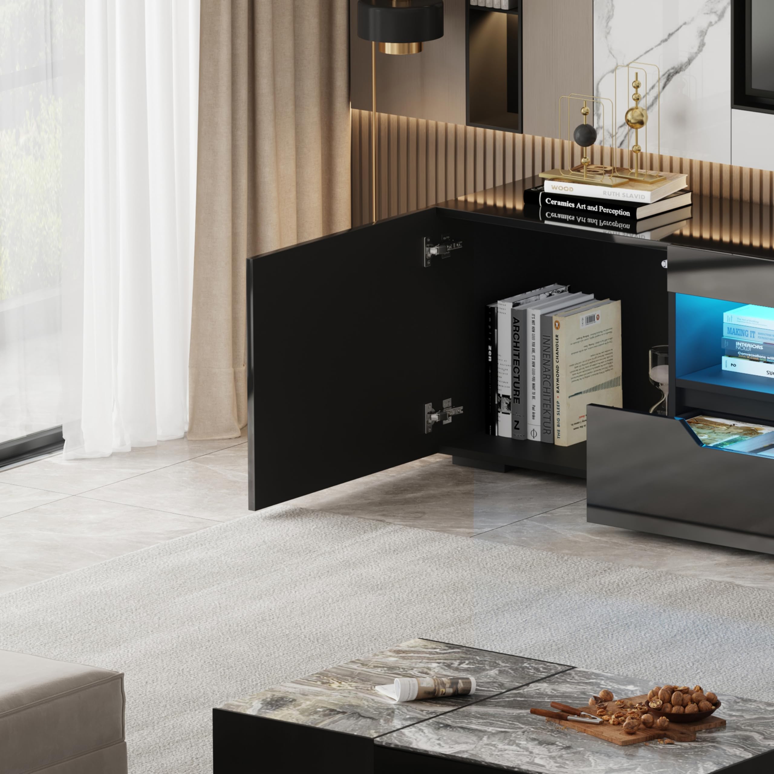 LSLIFE 200zm TV-Schrank mit Stauraum Weiß/Schwarz Hochglanz TV-Möbel mit LED-Leuchten Modernes Entertainment-Möbel für Wohnzimmer Schlafzimmer für bis zu 75-Zoll-Fernseher (schwarz)
