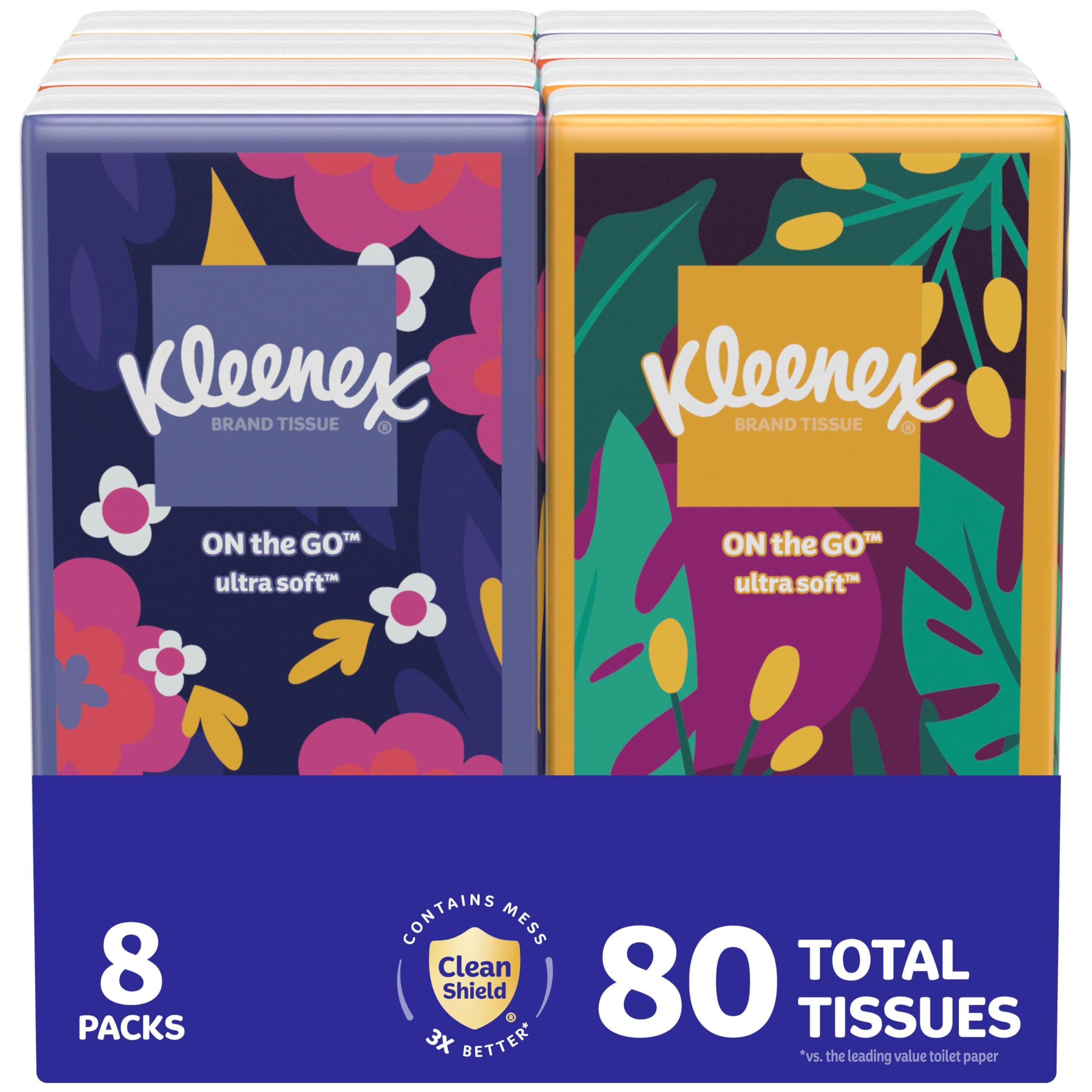 Kleenex Facial Tissues, On-The-Go Small Packs, Travel Size, 10 Tissues Per Go Pack, 8 Packs, (Pack of 3)