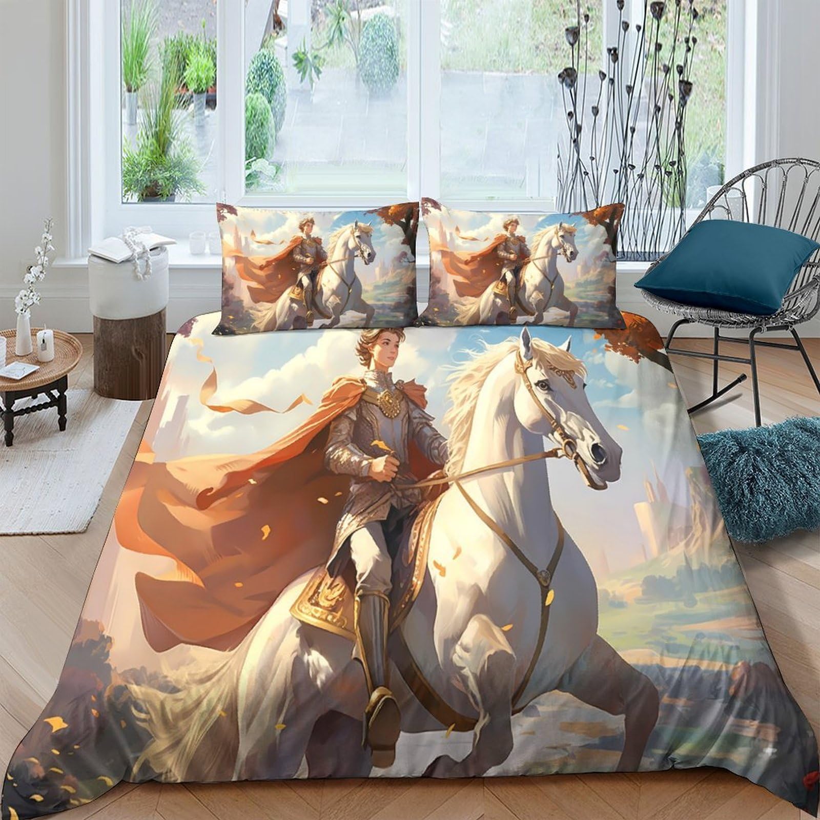 Ctjqhvkz Style-3 3D Printed Knight On Horse Fitted Sheet Microfiber Soft Breathable Sunset Landscape Bed Cover For Bedroom Decor Single（135X200cm）