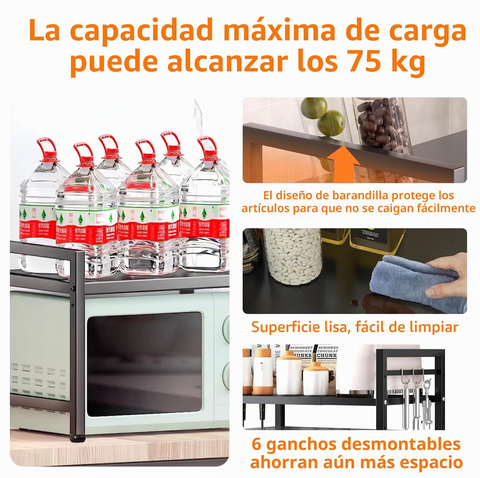 Soporte Microondas Ajustable 2 Niveles con 4 Ganchos, Mueble MicroOndes Estantería de Encimera Extensible, Estante Cocina vertical Organizador Hornos Negro para Tabla de Cortar, Barra, Utensilios