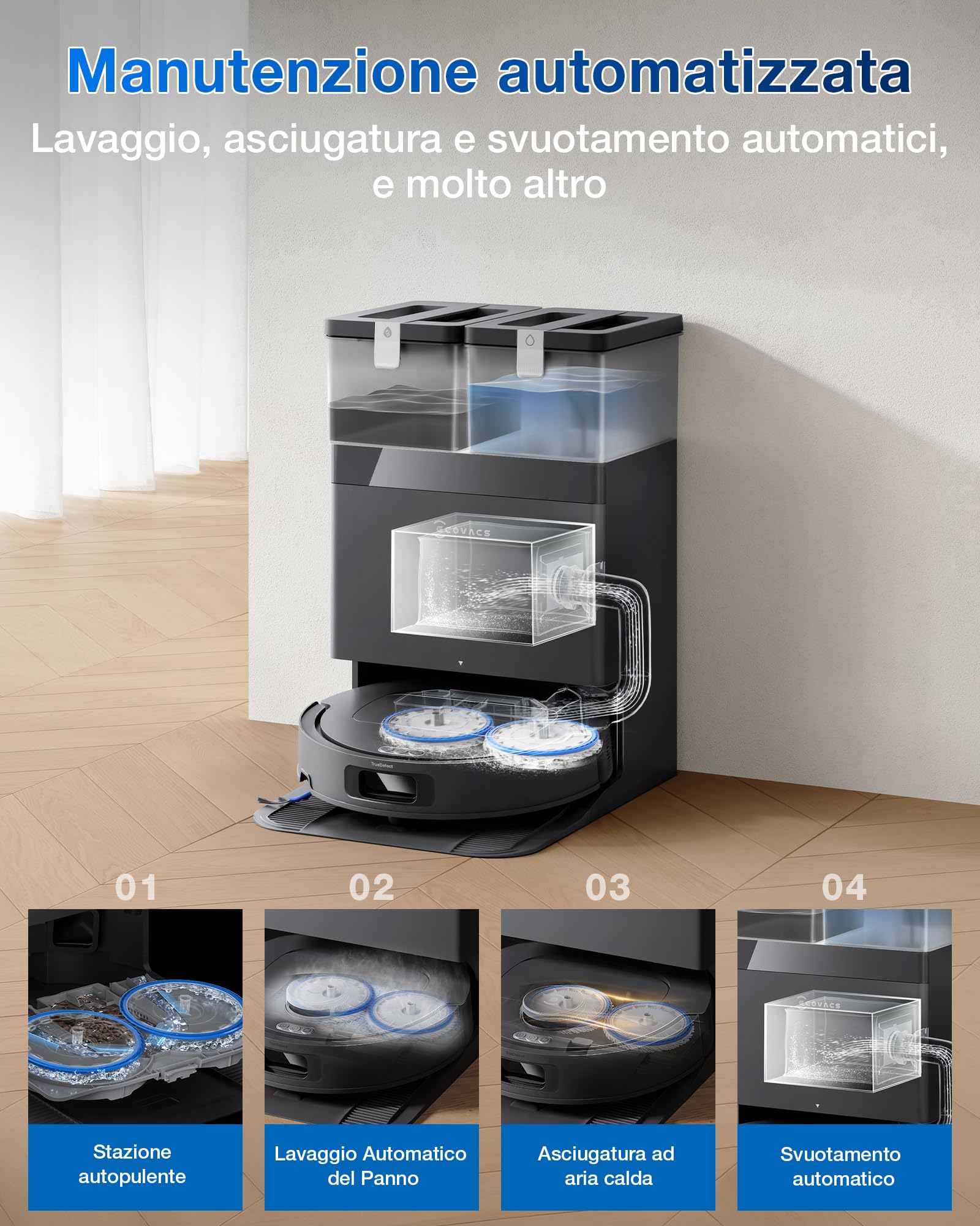 ECOVACS DEEBOT T30e OMNI Robot aspirapolvere lavapavimenti, 25.000 Pa, ZeroTangle 3.0, spazzola later. ARClean, spazzola princip. tripla V, stazione OMNI svuot. automatico, asciugatura a 45 °C, nero