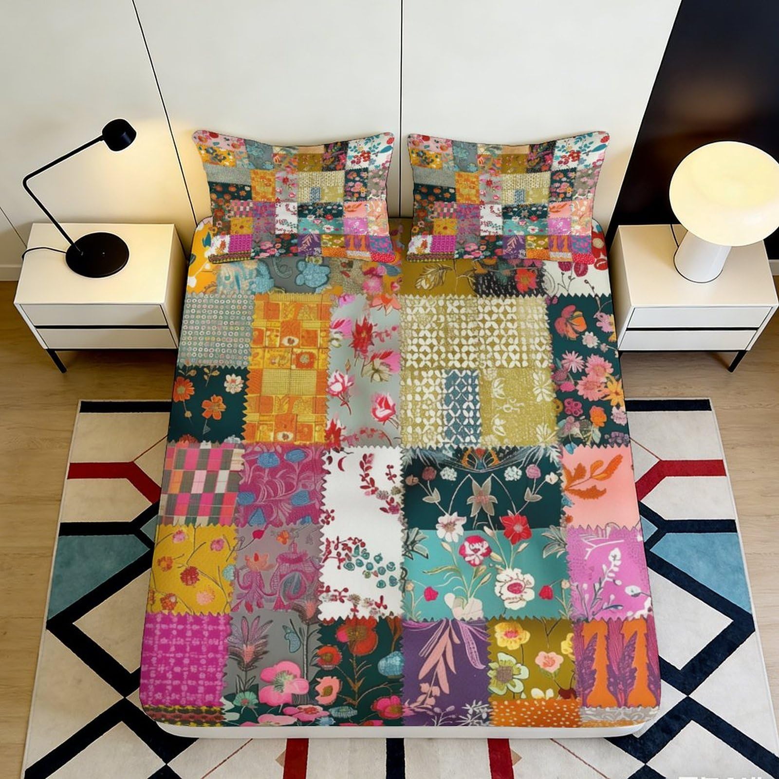 Uxinyoume Style-9 3D Printed Patchwork Floral Fitted Sheet Microfiber Soft Colorful Geometric Bed Sheet For Bedroom Guest Room Dorm Mattress Decor 90X200x25cm