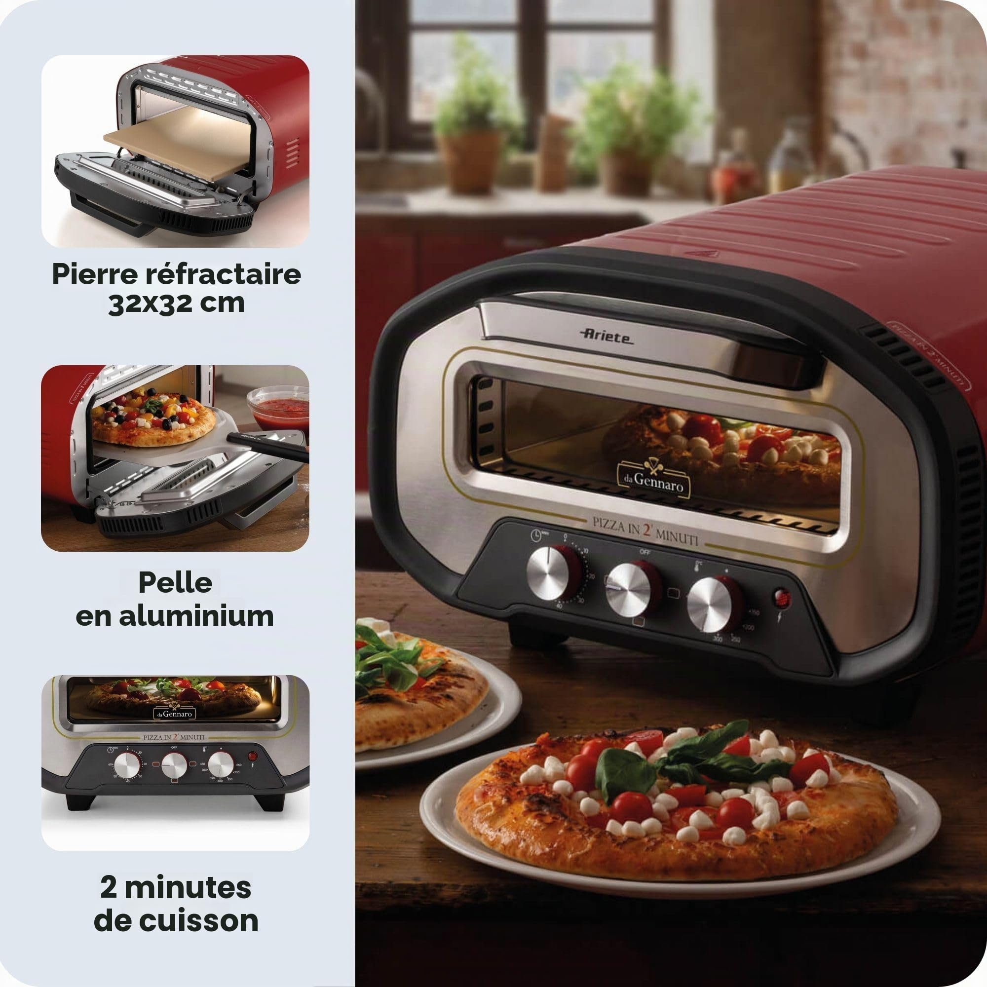 Ariete 3901 Da Gennaro, Four à Pizza, 2200W, Température 430°C, Temps de Cuisson 2 Minutes, Pierre Réfractaire, Rouge
