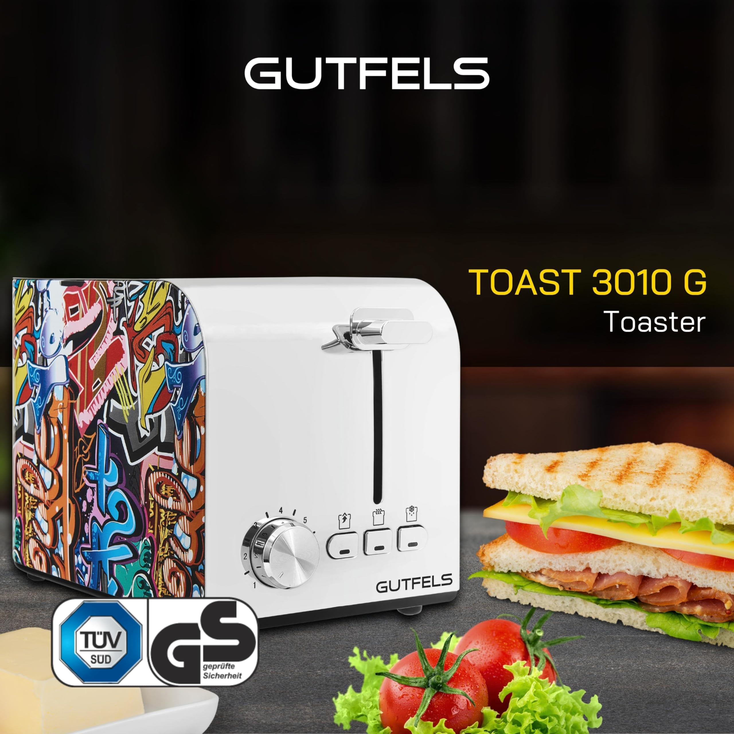 TOAST 3010 G | toster 2 kromki z nasadką na bułki | 7 poziomów mocy | 850 W | funkcja rozmrażania, podgrzewania, zatrzymywania | styl graffiti