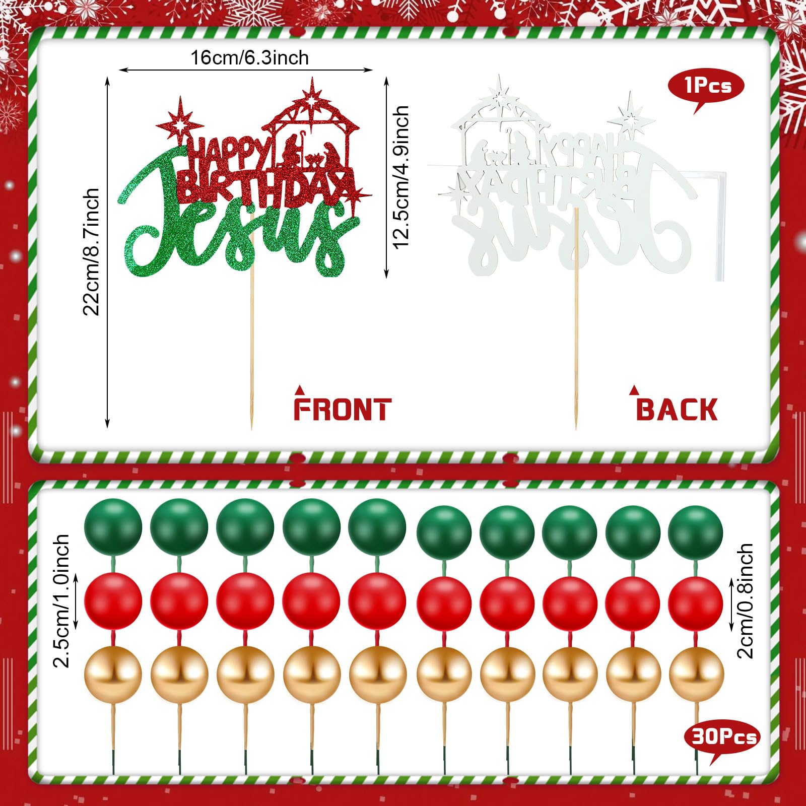 Cinnvoice 31 piezas de decoración para tartas de Navidad con purpurina de Jesús, decoración de pastel de bola, verde, rojo, dorado, belén, decoración para Navidad, vacaciones, boda, aniversario,