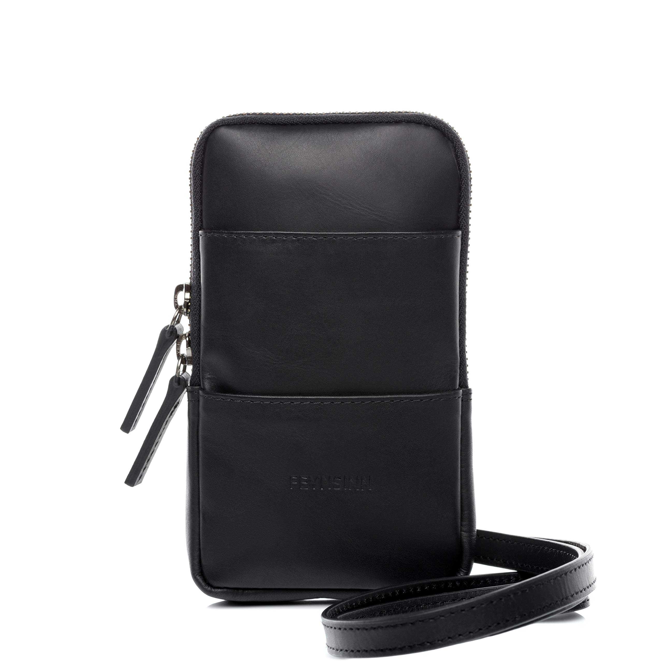 Handy Brustbeutel echt Leder - Umhängetasche Kjell - Handytasche mit Schultergurt - Ledertasche Herren und Damen schwarz handgefertigt