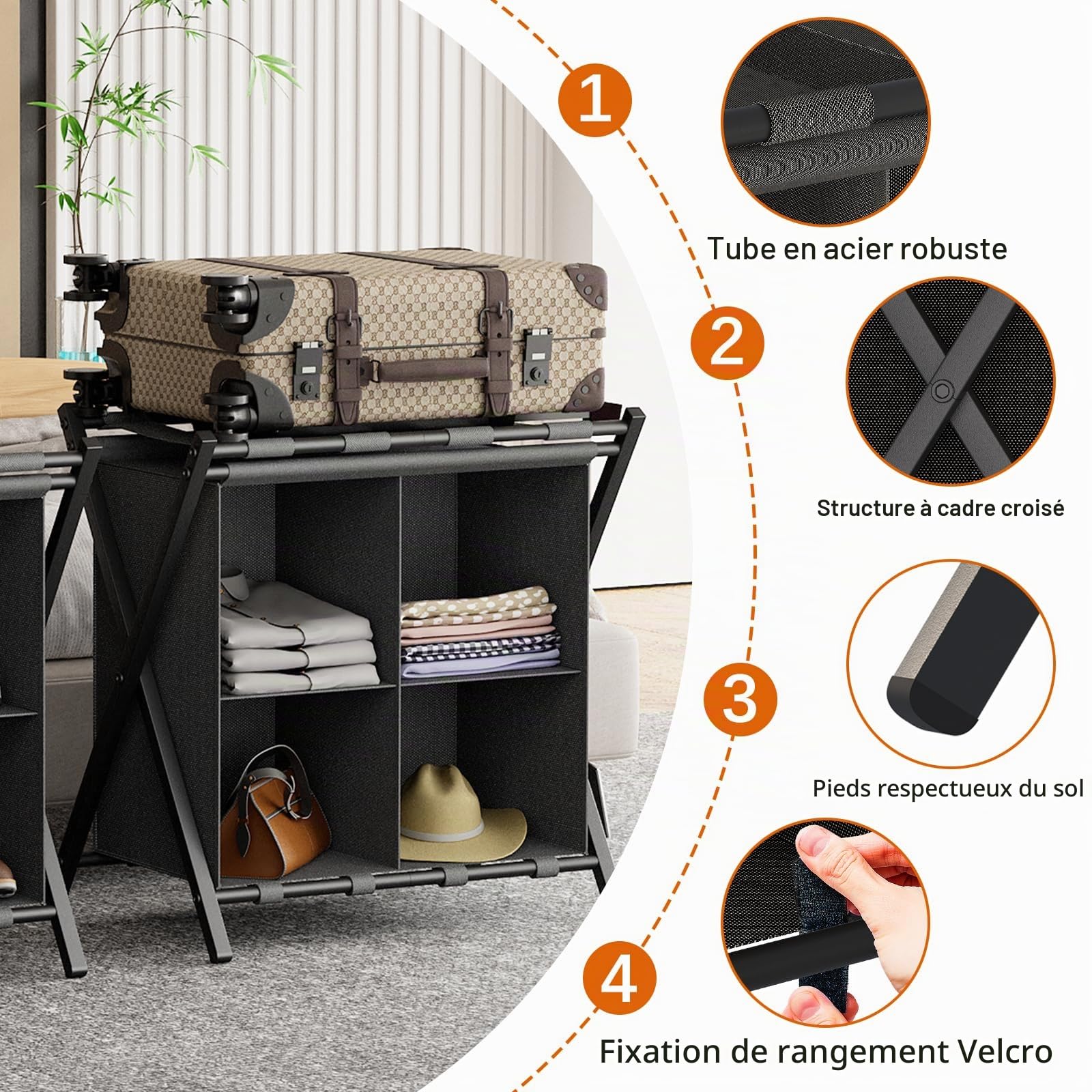 Support de valise, porte-bagages, porte-bagages pliable, avec compartiments de rangement, pour chambre d'amis, chambre à coucher, hôtel, bagages (noir)