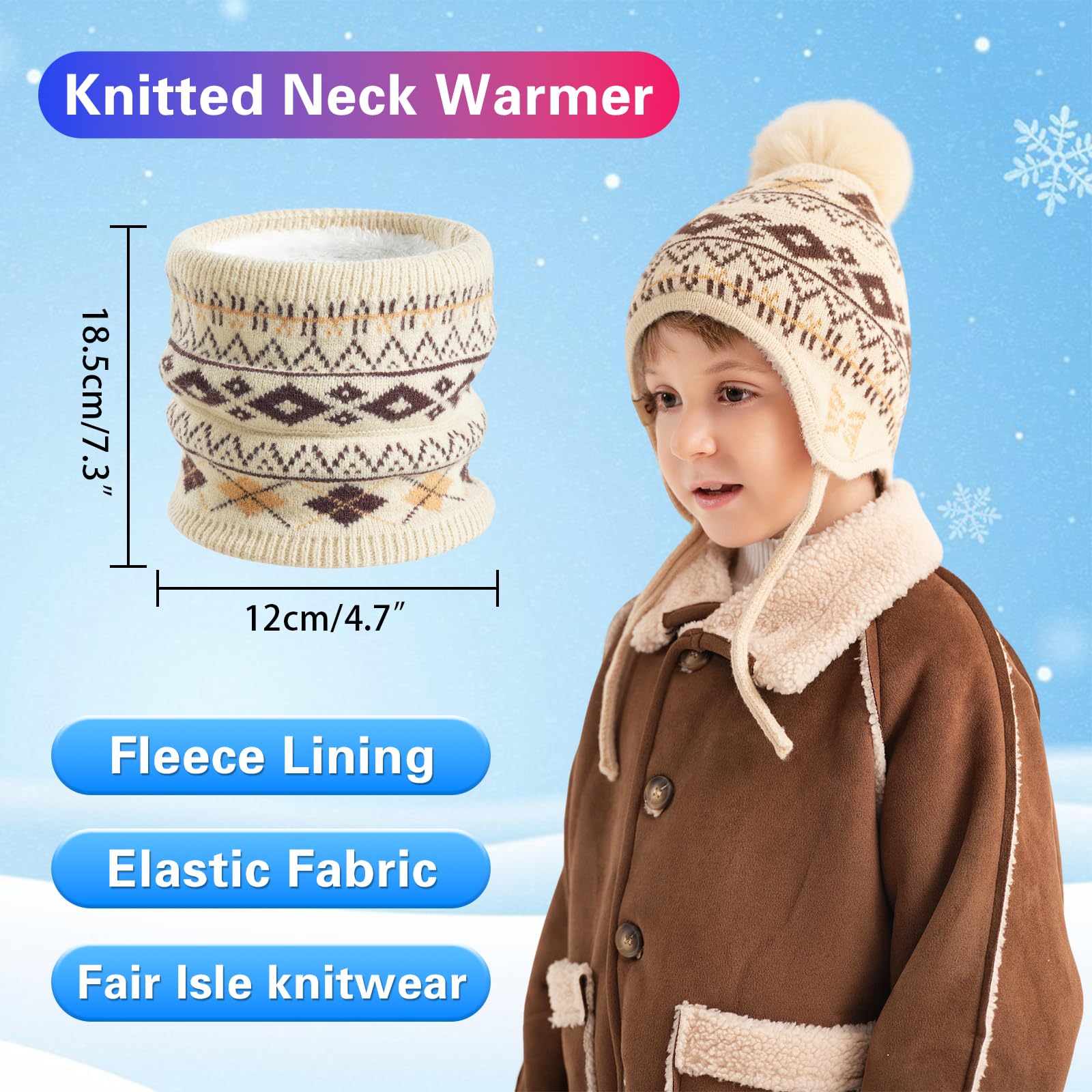Juego de 3 piezas de invierno para niños con forro polar y gorra, polaina para el cuello, guantes para 3-8 años con pompón, cálidos, pantalla táctil, nieve, escuela, uso al aire libre