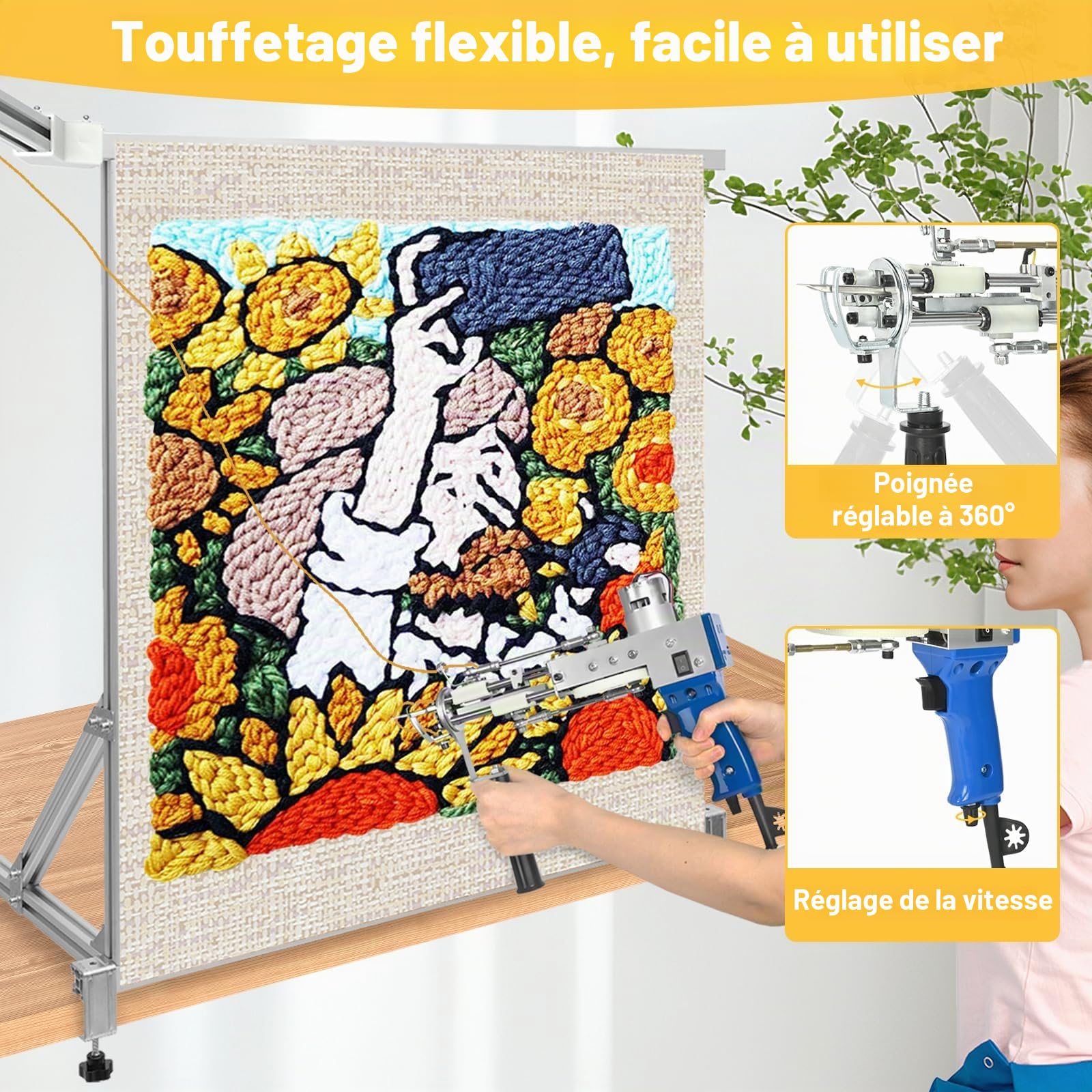 lesolar Kit de démarrage pour pistolet à touffeter pour tapis 2025 3 en 1, pistolet à poils pour tapis avec tissu à touffeter, cadre à touffeter de 70-100 (max) cm et tailleur de tapis. Idéal pour les