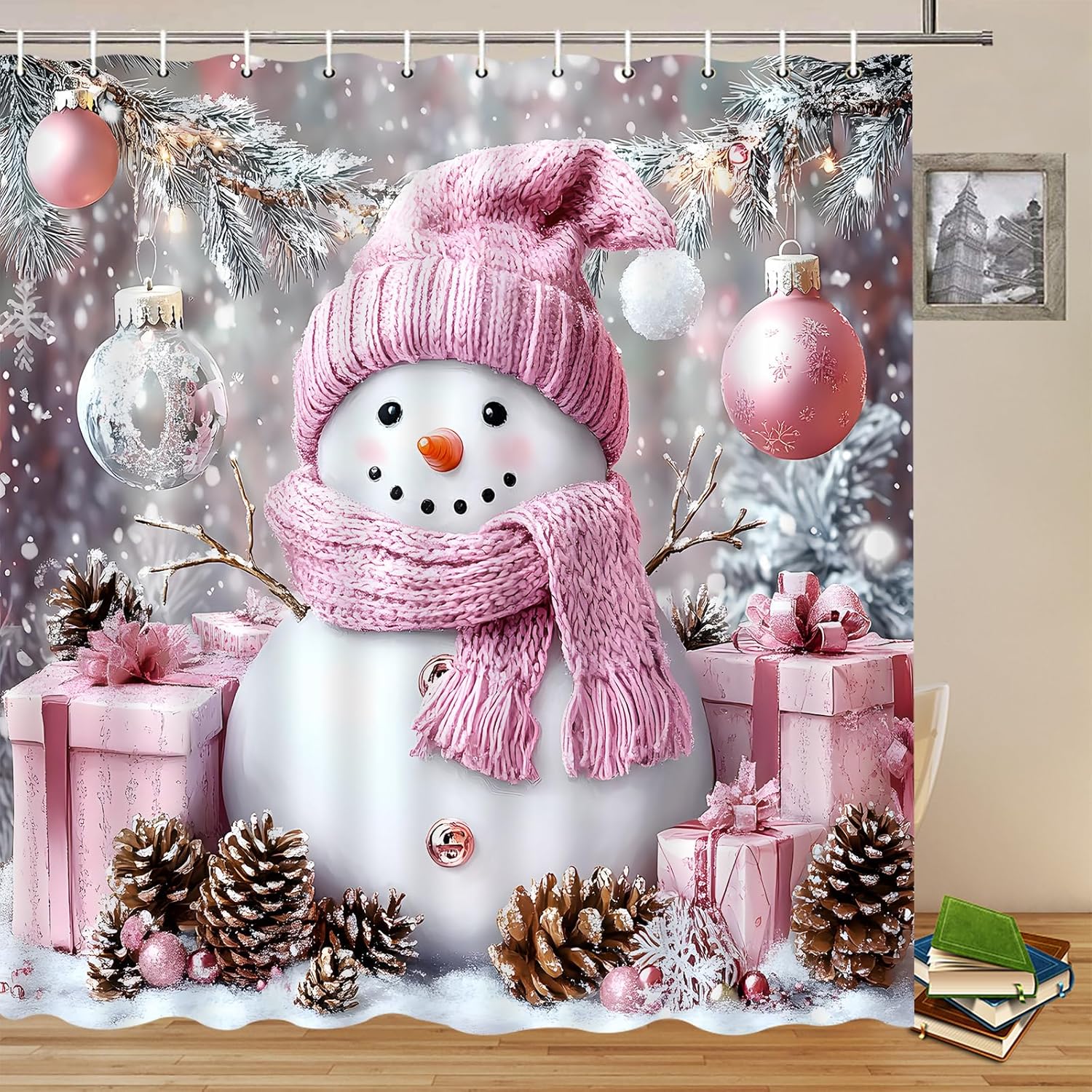 Christmas Shower Curtains Cute Snowman Rope Ball Winter Snow Scene Pine Branch Happy New Year Holiday Theme Xmas Bathroom Decor Polyester Curtain Set 106 x 70 Inch with Hooks