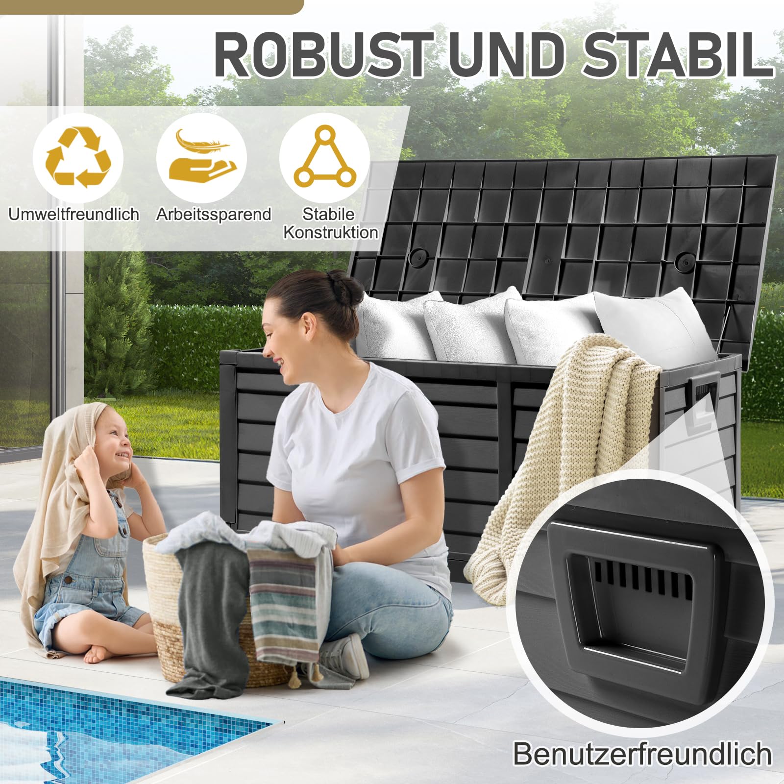 Faltbarer Gartenbox, 284L Fassungsvermögen mit Griffen und Rädern - Wasserfest und UV-beständig, Auflagenbox geeignet für Terrassen, Balkone, Wohnzimmer und Wintergärten (284L Schwarz)
