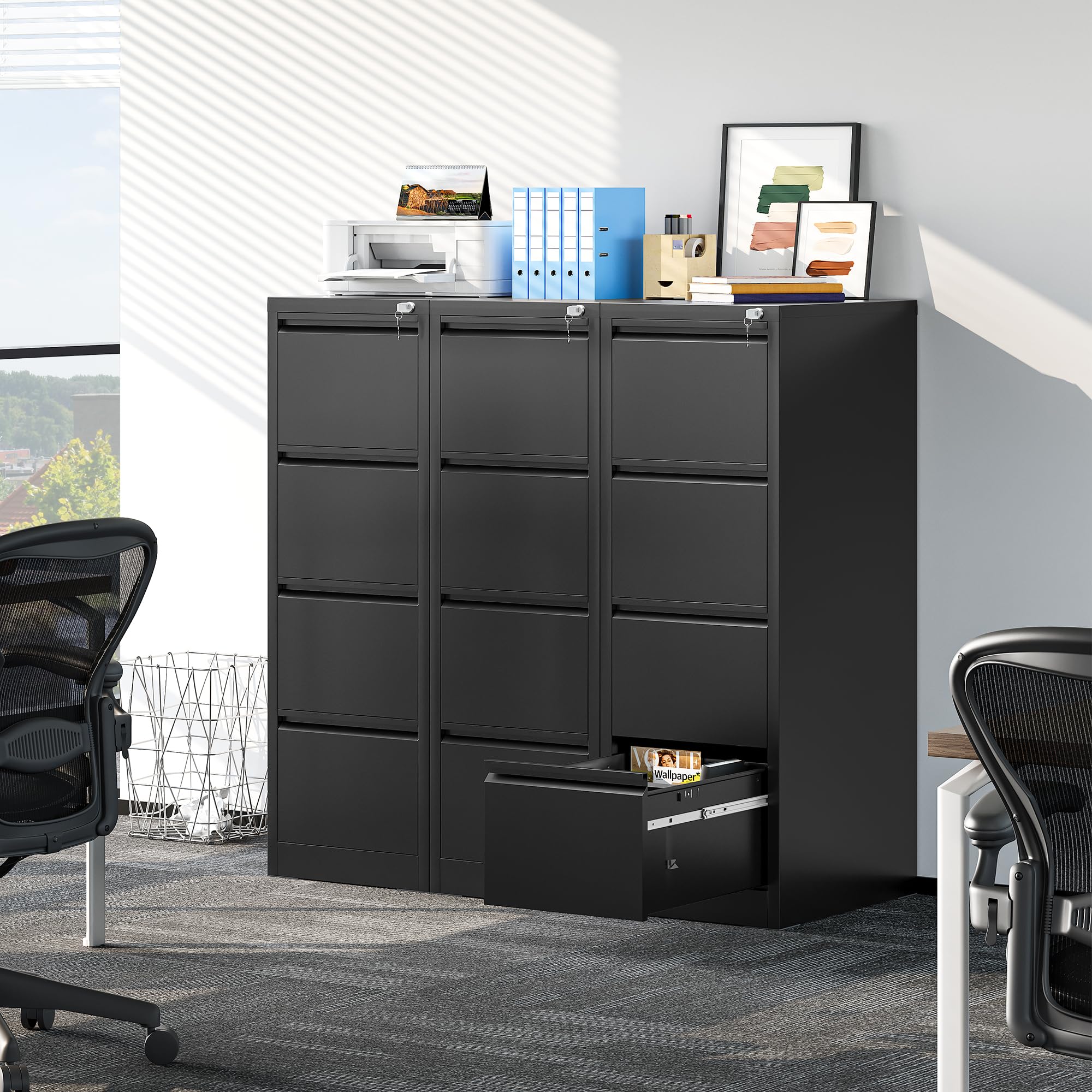 YITAHOME Aktenschrank mit 4 Abschließbaren Schubladen, Kippsicherer Rollender Aktenschrank mit Rädern für das Büro zu Hause, Unter-Pult-Aktenschränke, schwarz, 62 x 45.8 x 133cm