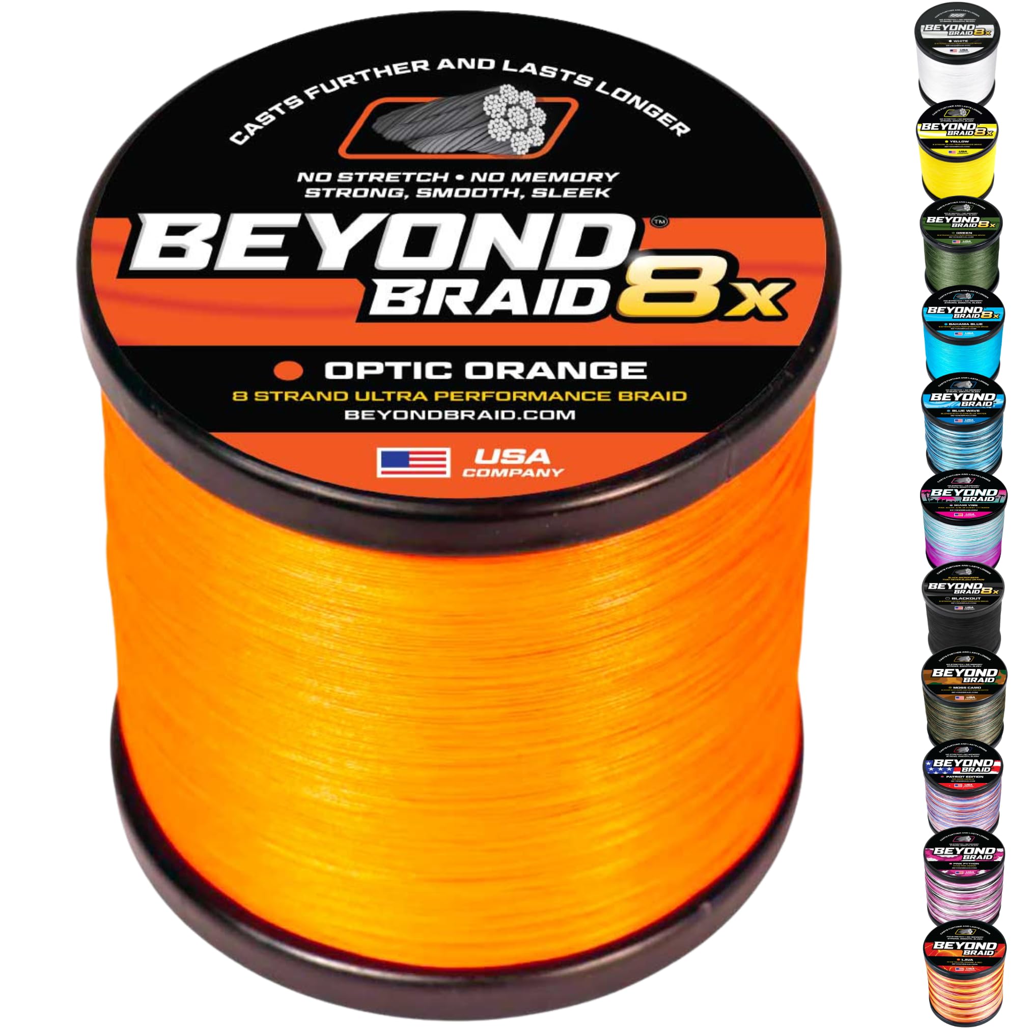 Beyond Braid Braided Fishing Line -Super Strong - Abrasion Resistant - No Stretch -Blue Camo, Moss Camo, White, Green, Pink, Blue, 4 Strand 8 Strand