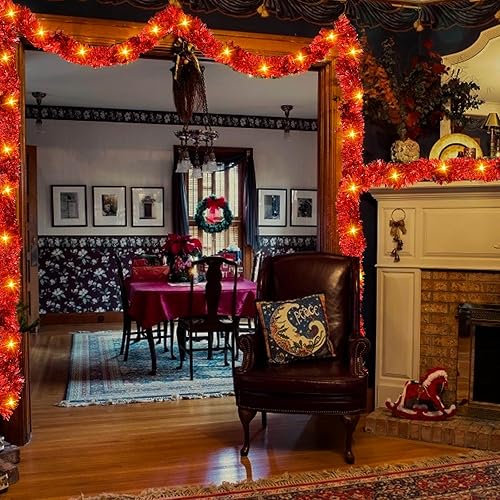 Miniatura 6 de 100 luces LED TURNMEON - Guirnalda de oropel de Navidad roja de 33 pies de largo, guirnalda de oropel para el día de San Valentín, guirnalda