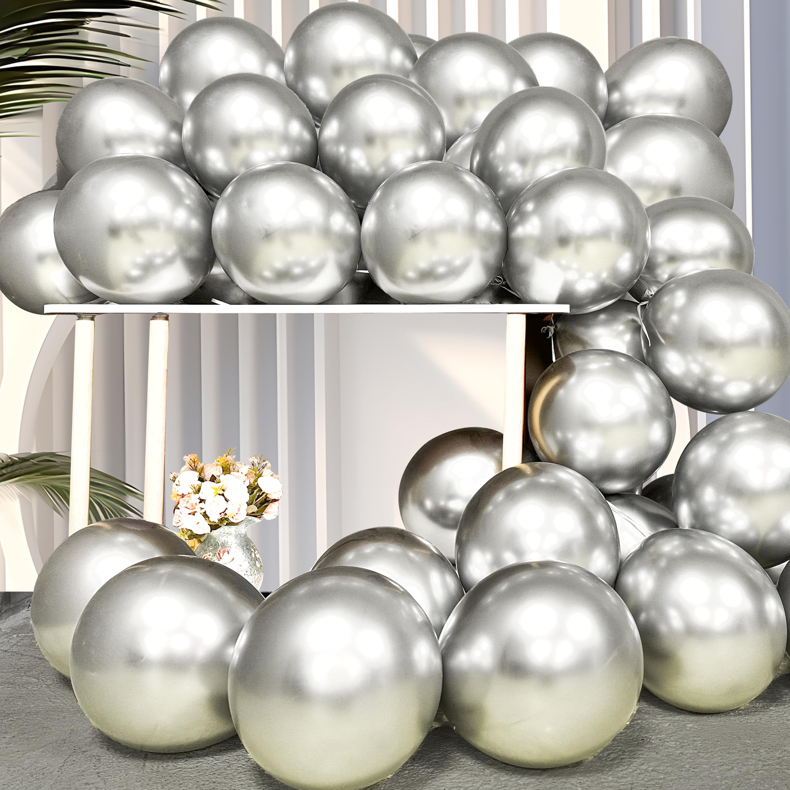 Firomi Metallic Chrome Silver Balloons 12-inch 100 Pack (with 3 Ribbons)