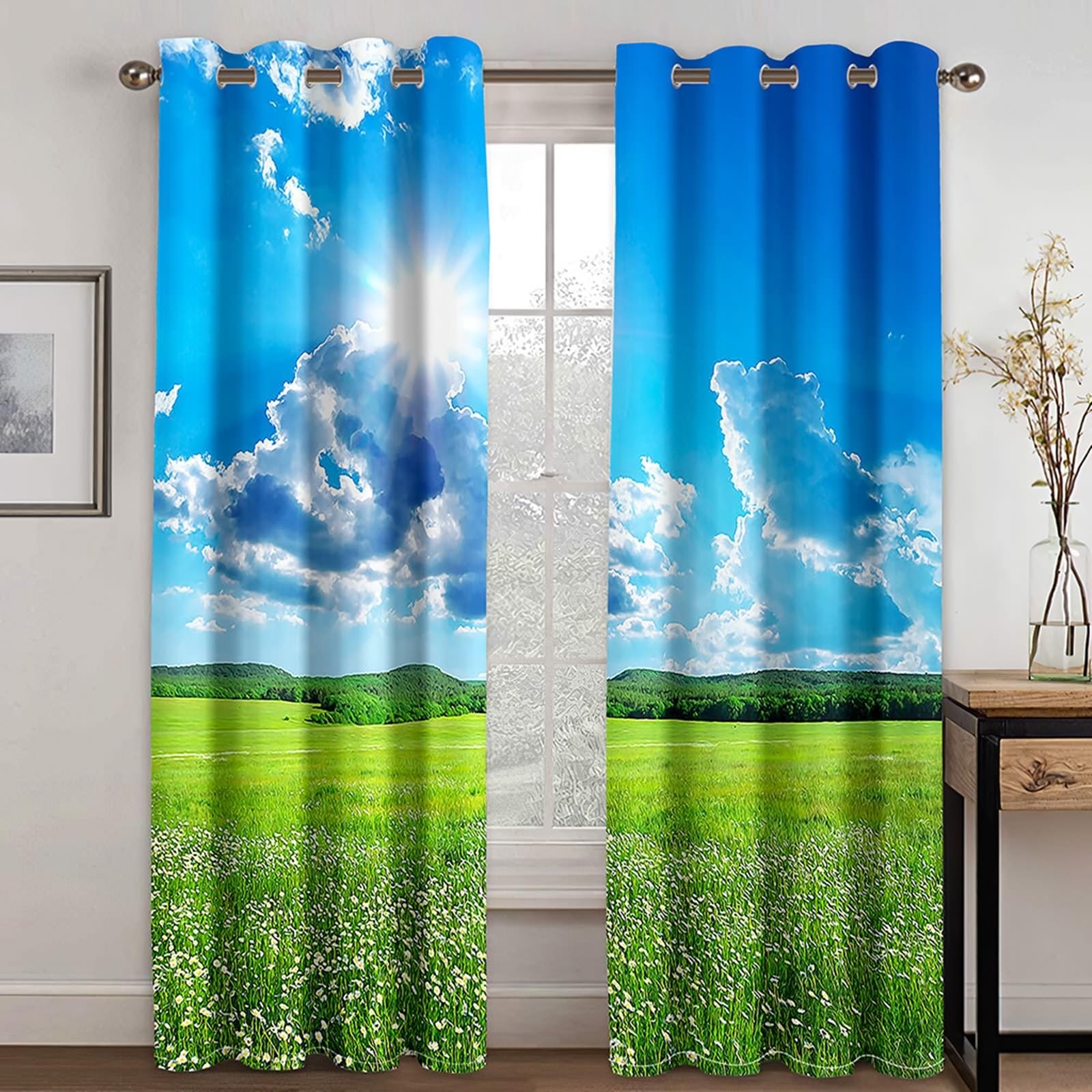 Zasłony do salonu, 213 cm długości, zasłony zaciemniające do pokoju, 2 zestawy paneli 60 szer. x 213 cm dł. słońce, łąka, niebo, krajobraz, izolacja termiczna, zasłony zaciemniające do