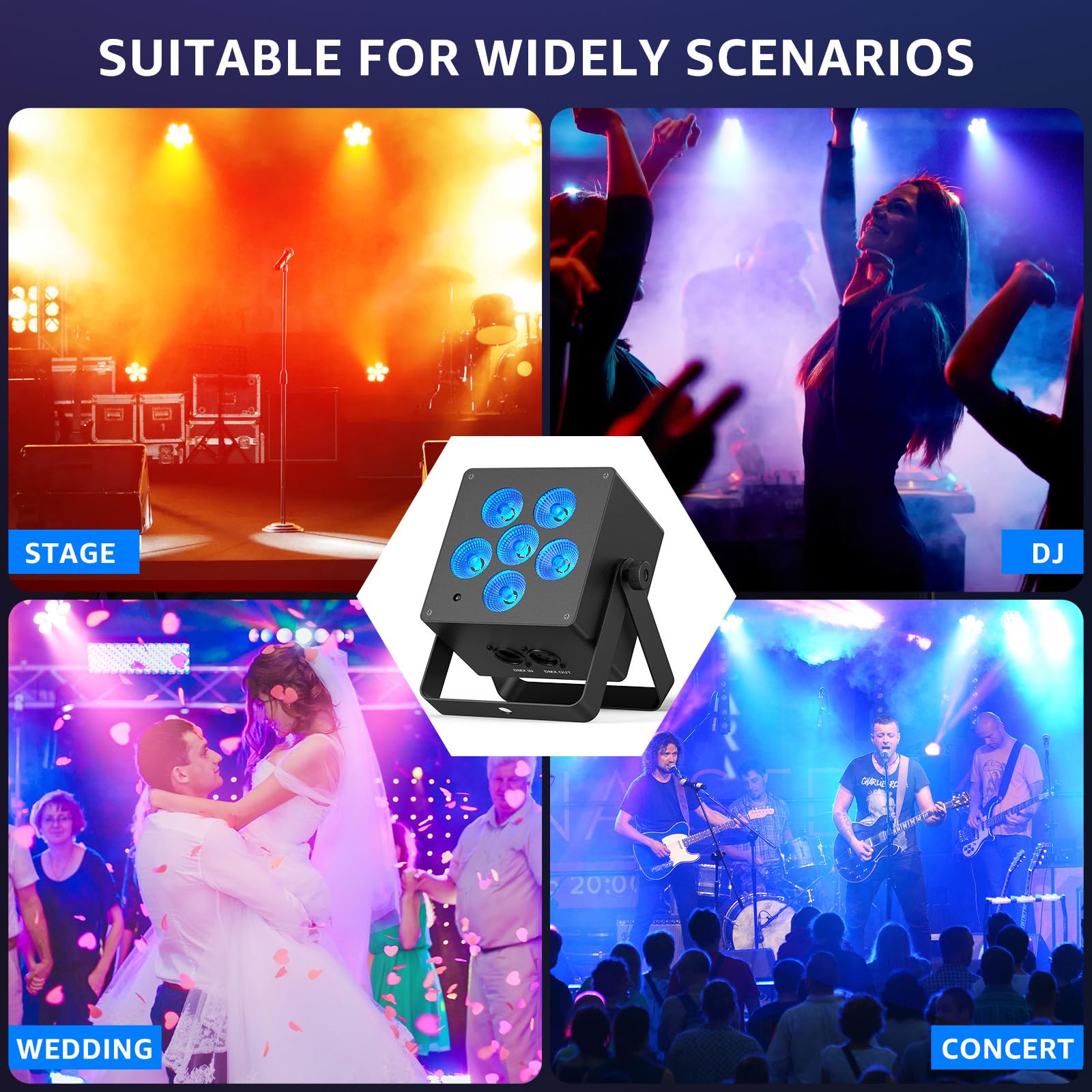 Foco par LED con batería de 50 W Luz de escenario RGBWAUV DMX512 6 en 1 con control remoto, iluminación ascendente con batería de 12 horas para DJ, fiesta disco, KTV, boda, cumpleaños