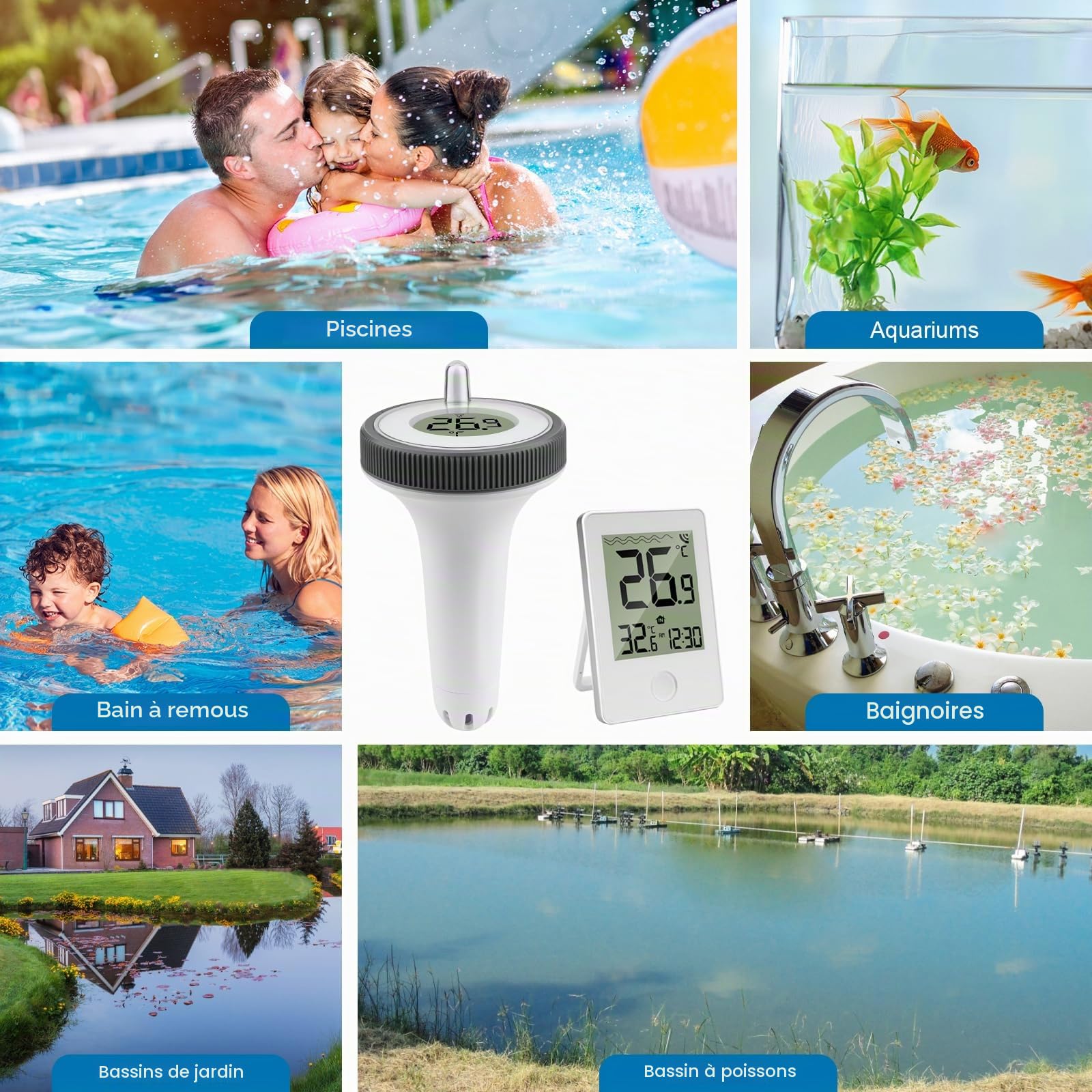 Thermomètre de Piscine Sans Fil, Thermomètre Numérique Flottant Sans Fil pour Piscines, Thermomètre de Piscine étanche IP67, Thermomètre d'eau Intérieur Extérieur pour Aquariums, Baignoires, étangs