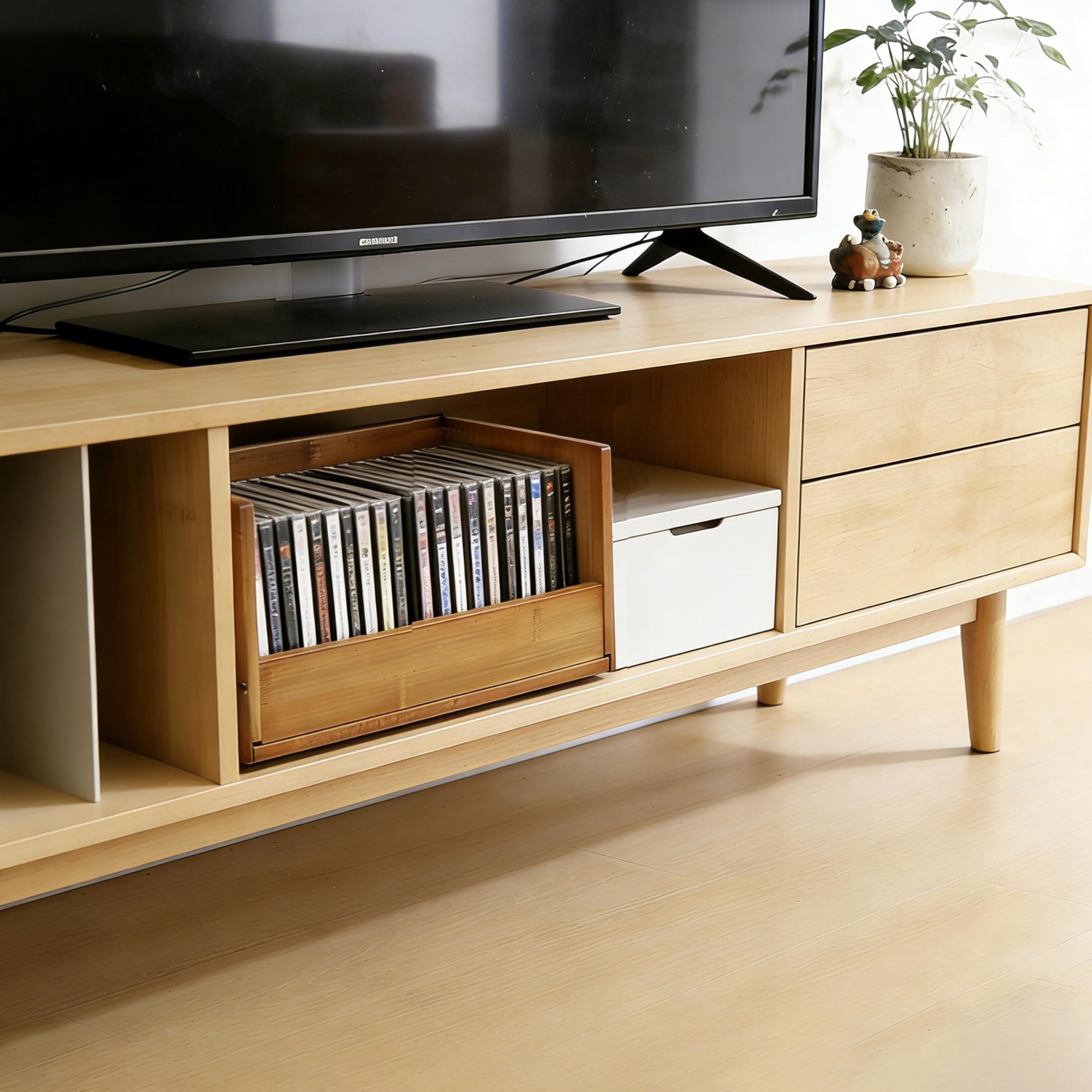 CD Regal stapelbar Holz 20 CDs DVD Regal, mit Griff CD Ständer & DVD Aufbewahrungsbox(35 × 18 × 14.5 cm) für Aufbewahrung Filmplatte, Blu-rays und Büchern für Wohnzimmer und Schlafzimmer (braun)