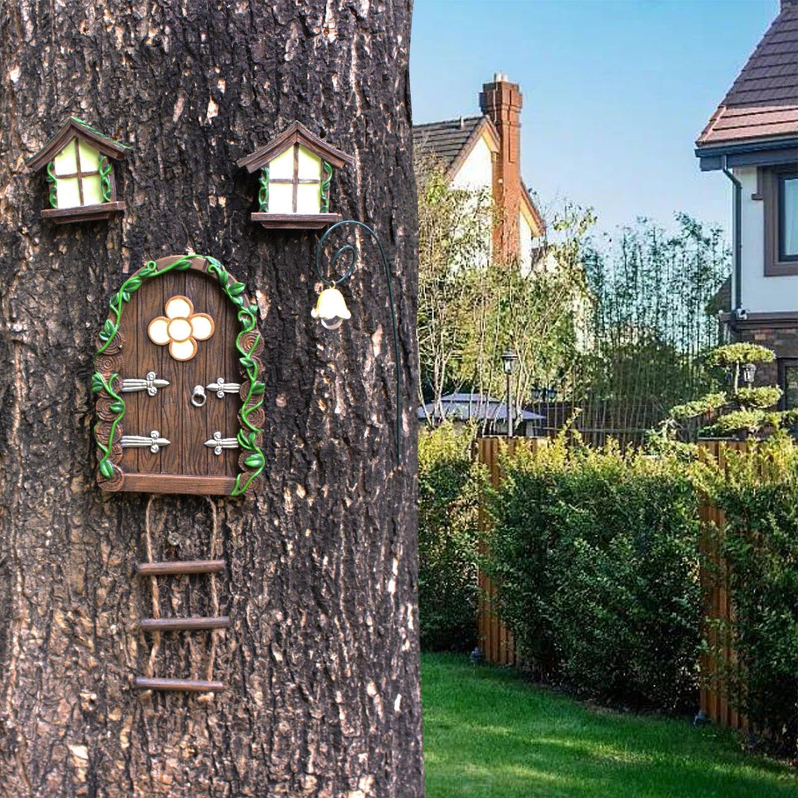 Casas de Hadas para niños, casa de Hadas de gnomo, Ventana y Puerta para árboles, Accesorios de jardín en Miniatura, diseño de jardín Encantado al Aire Libre, decoración de Adorno de césped