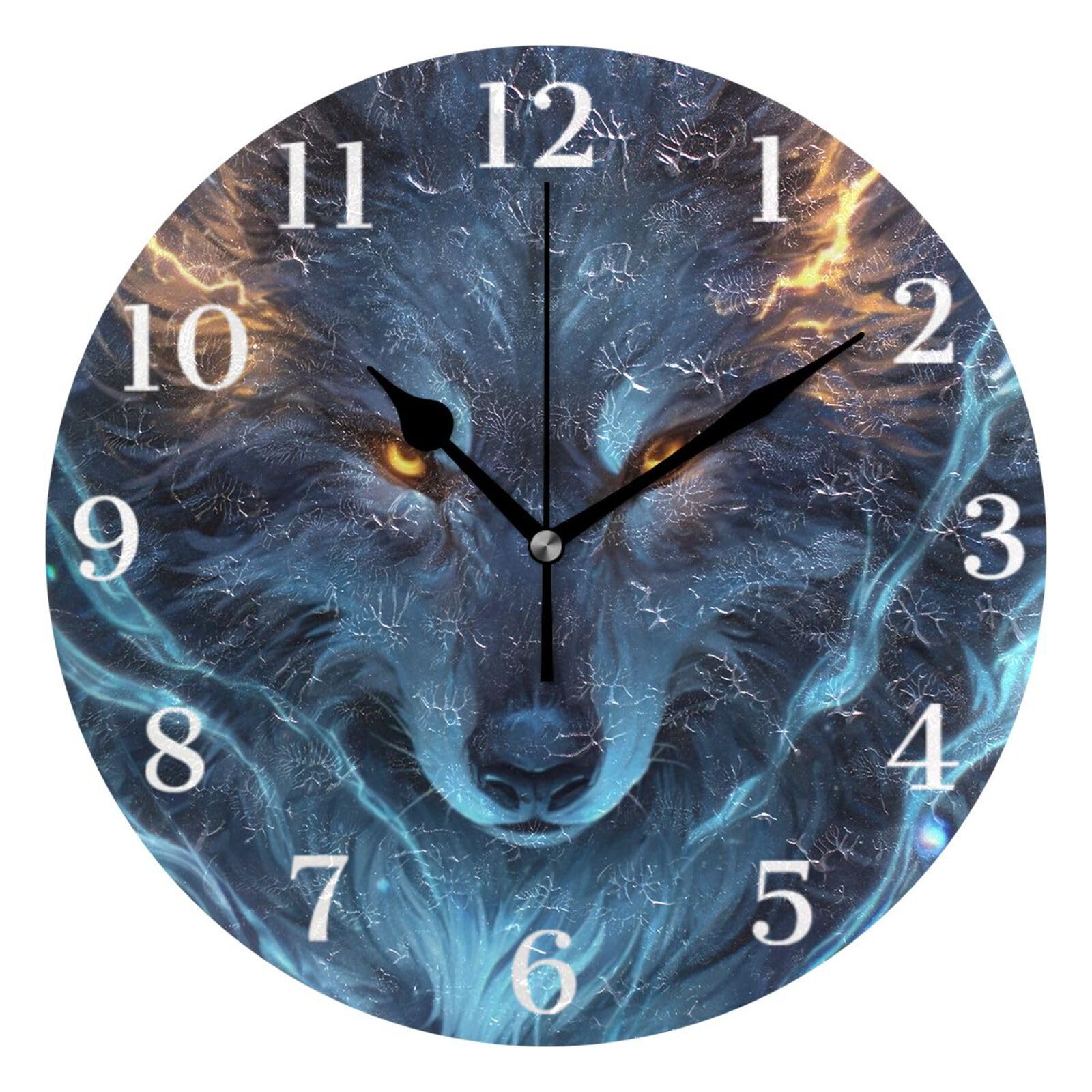 Ensound Mystical Wolf with Glowing Eyes Wall Clock Silent Non-Ticking Battery Operated Clocks 12 Inch for Kitchen Home Living Room