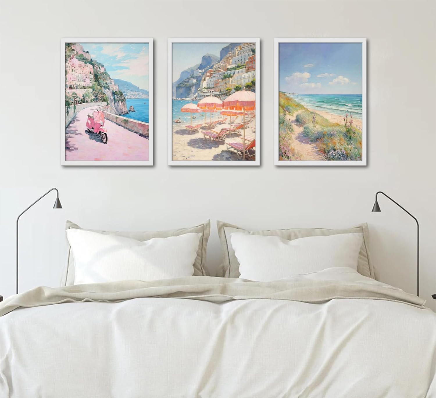 Vintage pink amalfi coastal wall art Retro Italy Pastel Beach Umbrella Painting Picture Wall Decor Pink Motorcycle Poster Print Artwork for Office Bedroom Living Room Girls Room Home Decoration