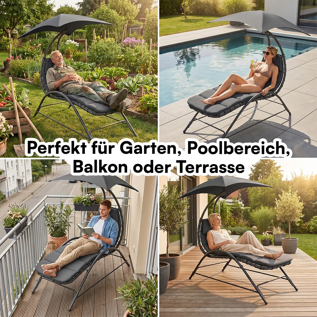 STEELSØN Nyria Sonnenliege mit Kissen Anthrazit – Gartenliege verstellbares Sonnendach – Liegestuhl bis 120 kg – Balkonliege wetterfest – Relaxliege großzügige Liegefläche – Outdoor Liege mit Gestell