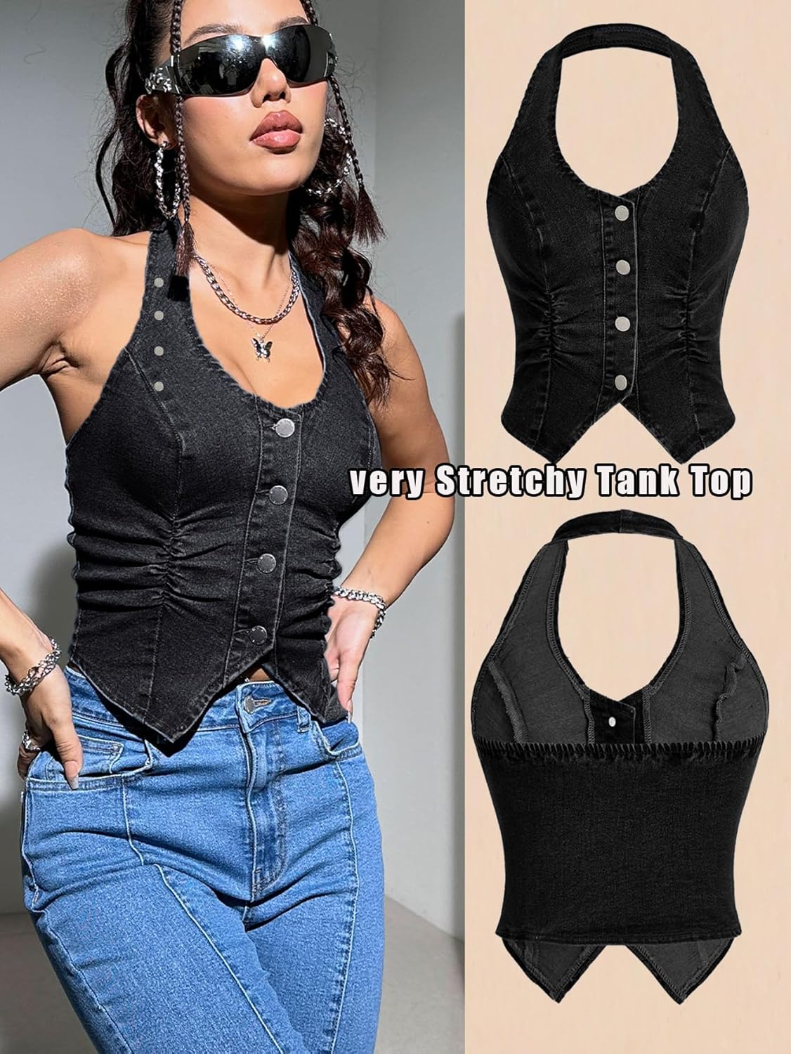 OYOANGLE Women's Button Front Denim Jacket Vest Sleeveless Vintage Halter Jean Crop Tank Top - Image 4