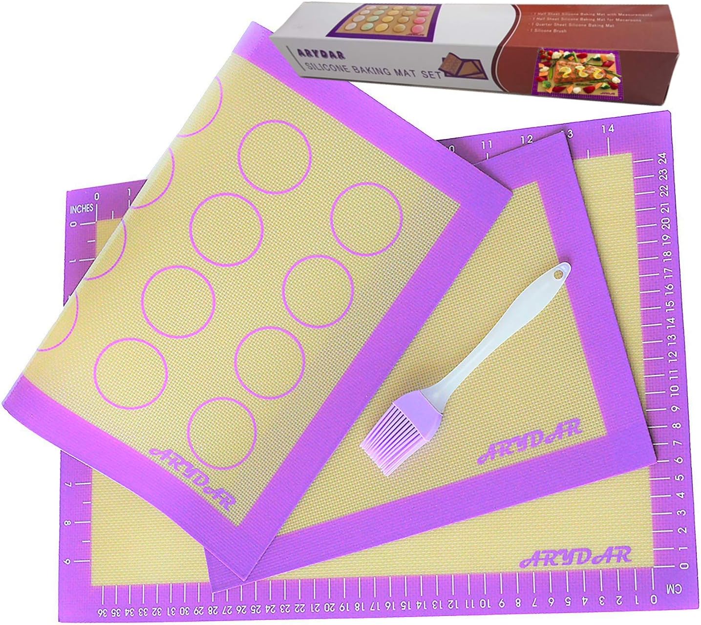 Silicone Baking Mat Set of 4 contains Silicone Baking Mat with Measurement, Silicone Baking Mat for Macaroons, Half Sheet Silicone Baking Mat and Silicone Baking Brush