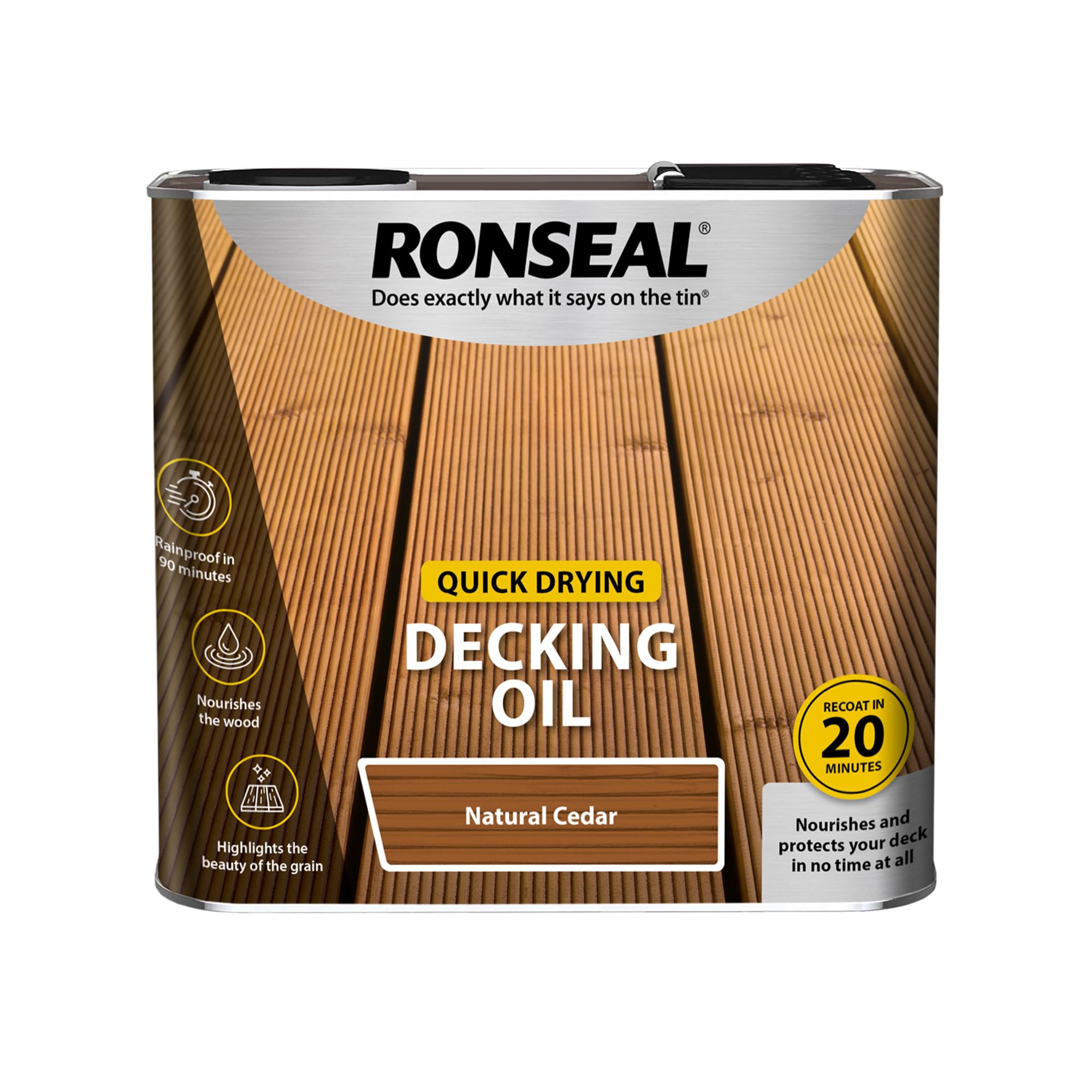 Ronseal Quick Drying decking Oil in Natural Cedar Shade, 2.5 Litre tin, Suitable for Nourishing and Protecting Exterior Wooden decking While Enhancing the Wood’s Natural Appearance.