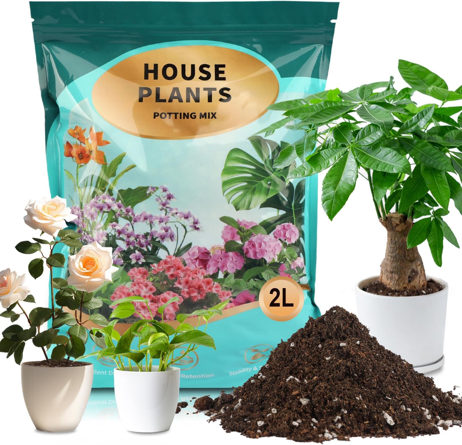 Potting Soil Mix 2qt for Indoor Plants, Organic Houseplant Soil Well Draining Dirt Ready to Use, Fit for House Plant Like Pothos, Philodendron, Monstera, African Violet