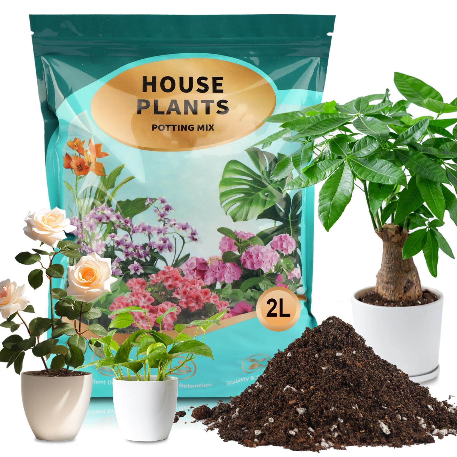 Potting Soil Mix 2qt for Indoor Plants, Organic Houseplant Soil Well Draining Dirt Ready to Use, Fit for House Plant Like Pothos, Philodendron, Monstera, African Violet