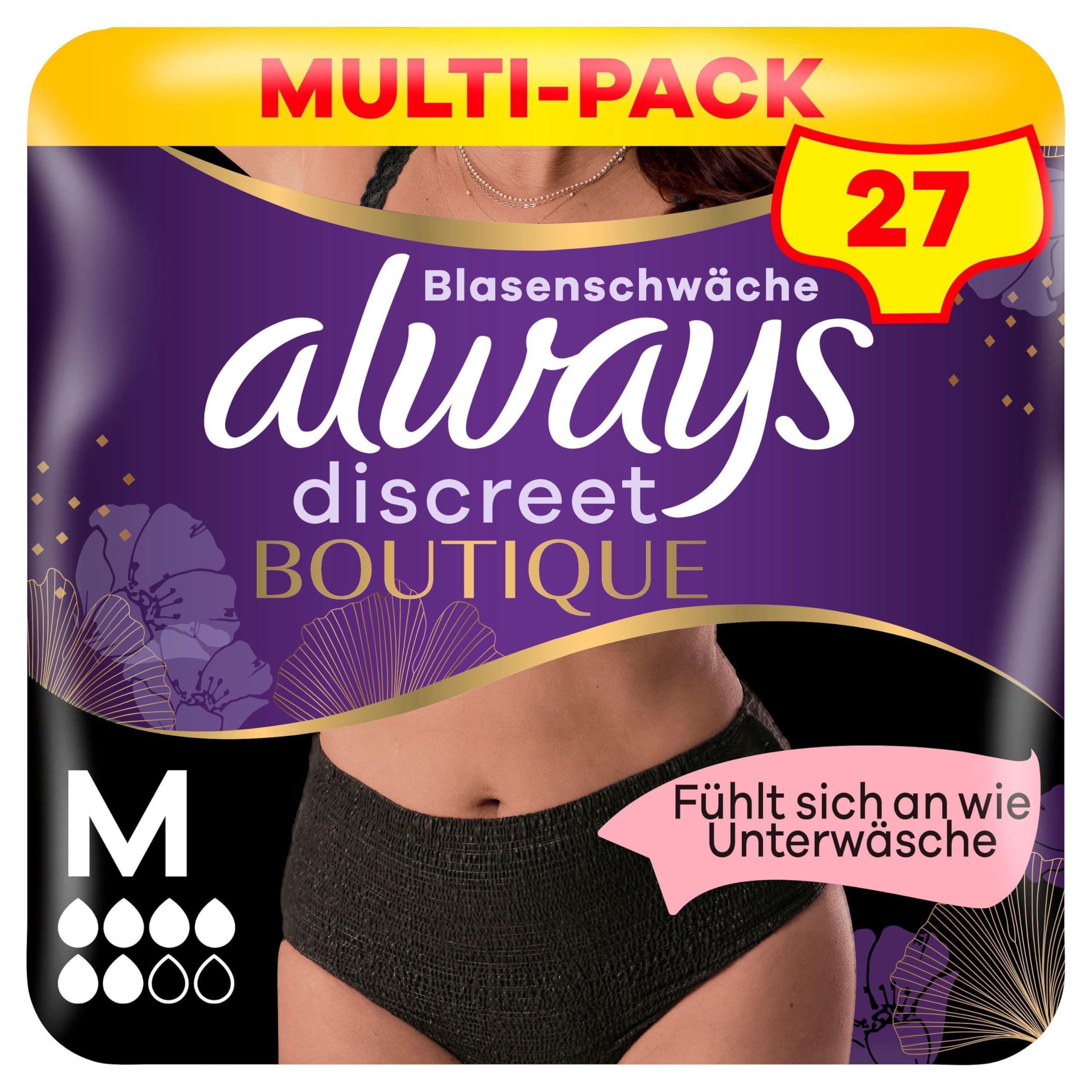 Always Discreet Boutique Underwear Incontinence Pants Plus M Black X 9, for Sensitive Bladder, Locks Away Odours, Wetness and Prevent Leaks