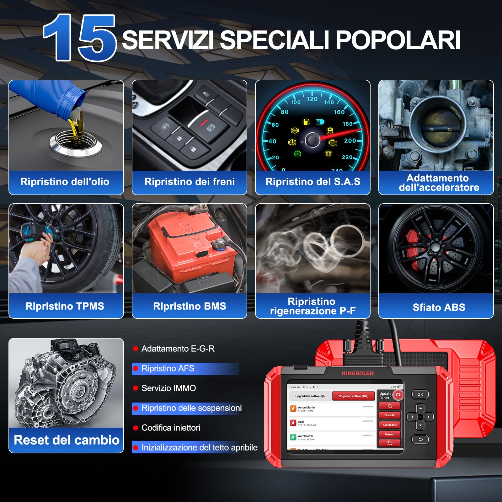 KINGBOLEN Diagnostica Auto Italiano,S800 OBDII Diagnosi Automatica 4 Sistema di diagnosi (ABS + SRS + ECM + TCM) e 15 Servizio di Manutenzione (Olio+Dpf Iniettore Codifica+BMS) Aggiornamento WiFi