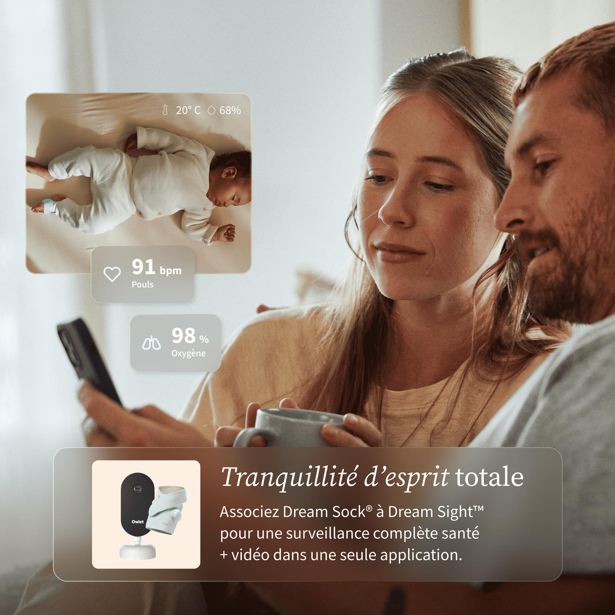 Owlet Dream Sight™ - Moniteur vidéo bébé Intelligent HD avec caméra, alertes Pleurs, mouvements et Sons, Suivi température & humidité