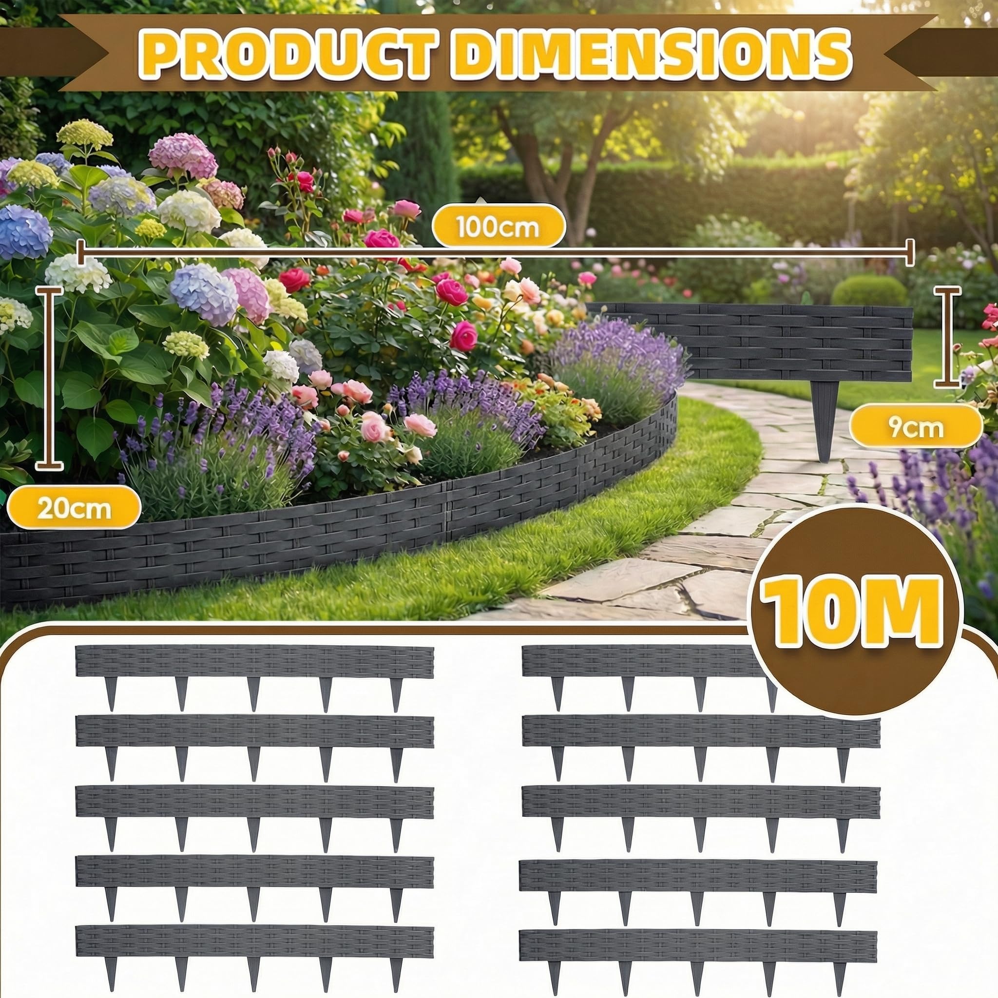 Bordure de Jardin Imitation Rotin 10 m, Lot de 10 Panneaux, Clôture Extérieure Flexible et Décorative, Installation Facile pour Gazon, Allée, Anthracite