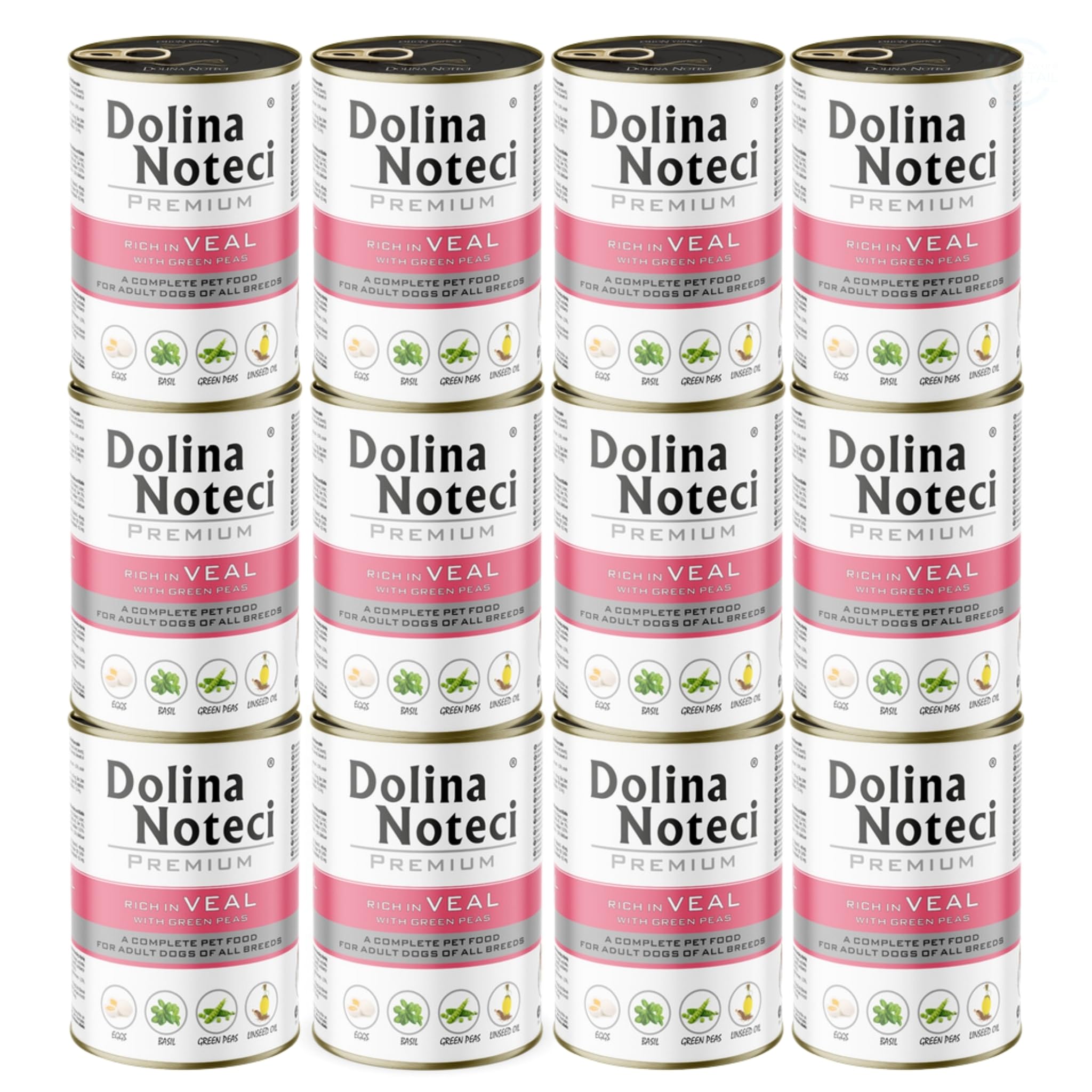 Dolina Noteci Premium Nutritious Wet Dog Food, Healthy Essential Nutrients & Unsaturated Fatty Acids, Gluten-Free, No Artificial Flavours – For Your Pup’s Happiness! (Veal With Green Peas, 12x400g)