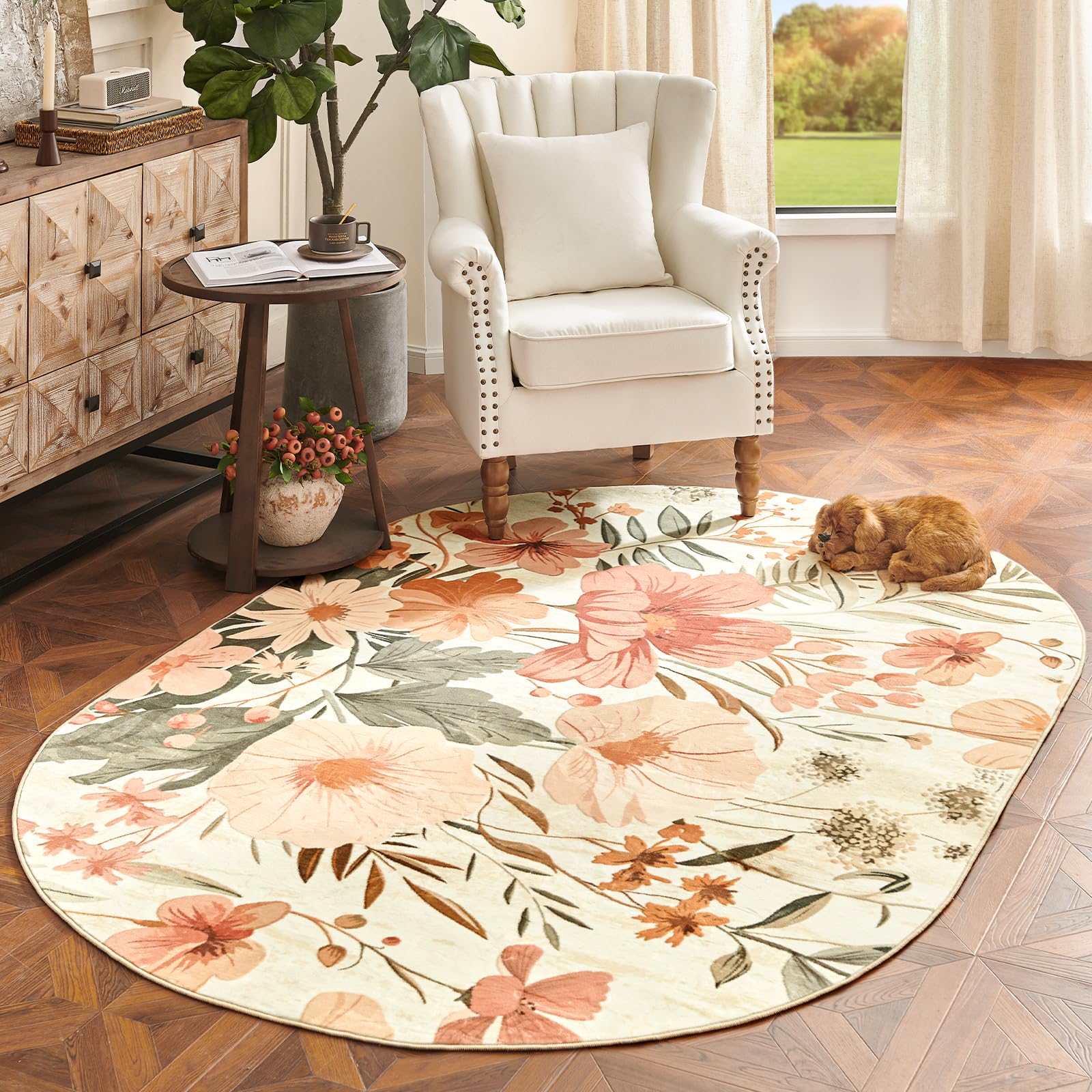 jinchan Floral Area Rug 5x7 Oval Rug Living Room Washable Modern Oriental Flower Print Non Slip Carpet for Bedroom Dining Room Entryway Home Office Pink/Grey