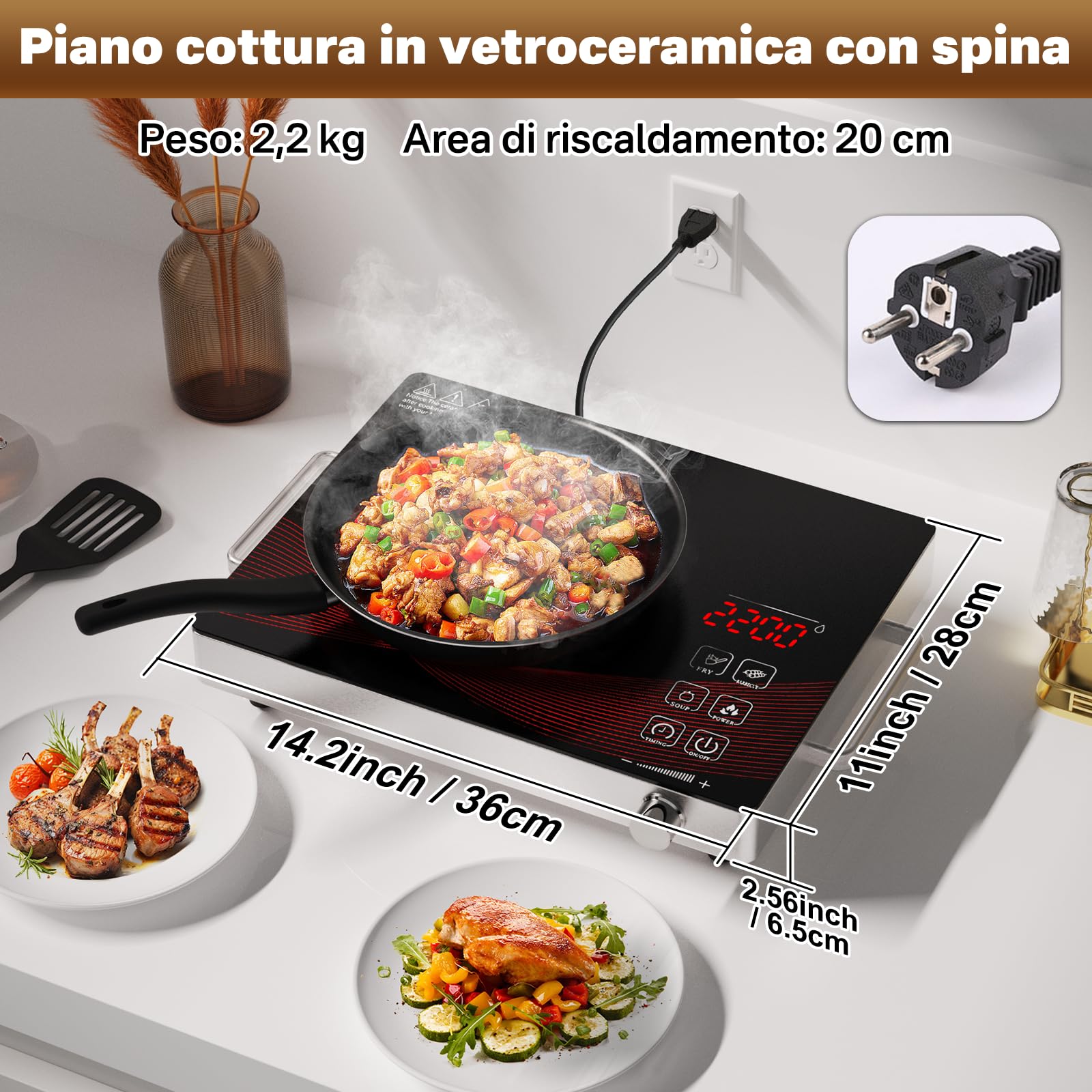 Fornello Elettrico 1 Piastra 2200W, Portatile Infrarossi Piano Cottura Elettrico Vetroceramica con Timer, Singolo Fornello per Campeggio e Casa, Comandi Touch e Manopola Rotante, 220V