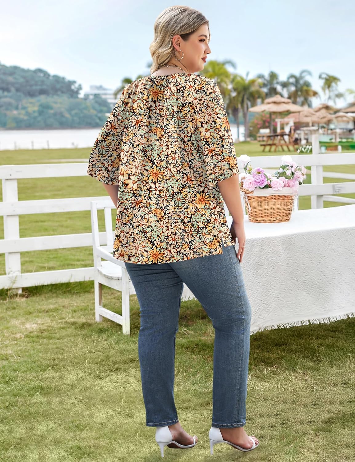 LOMON Womens Plus Size Tops Summer 3/4 Length Sleeve Crewneck Blouses Dressy Casual Loose Curvy Flowy Tunic Shirts 1X-5X - Image 4