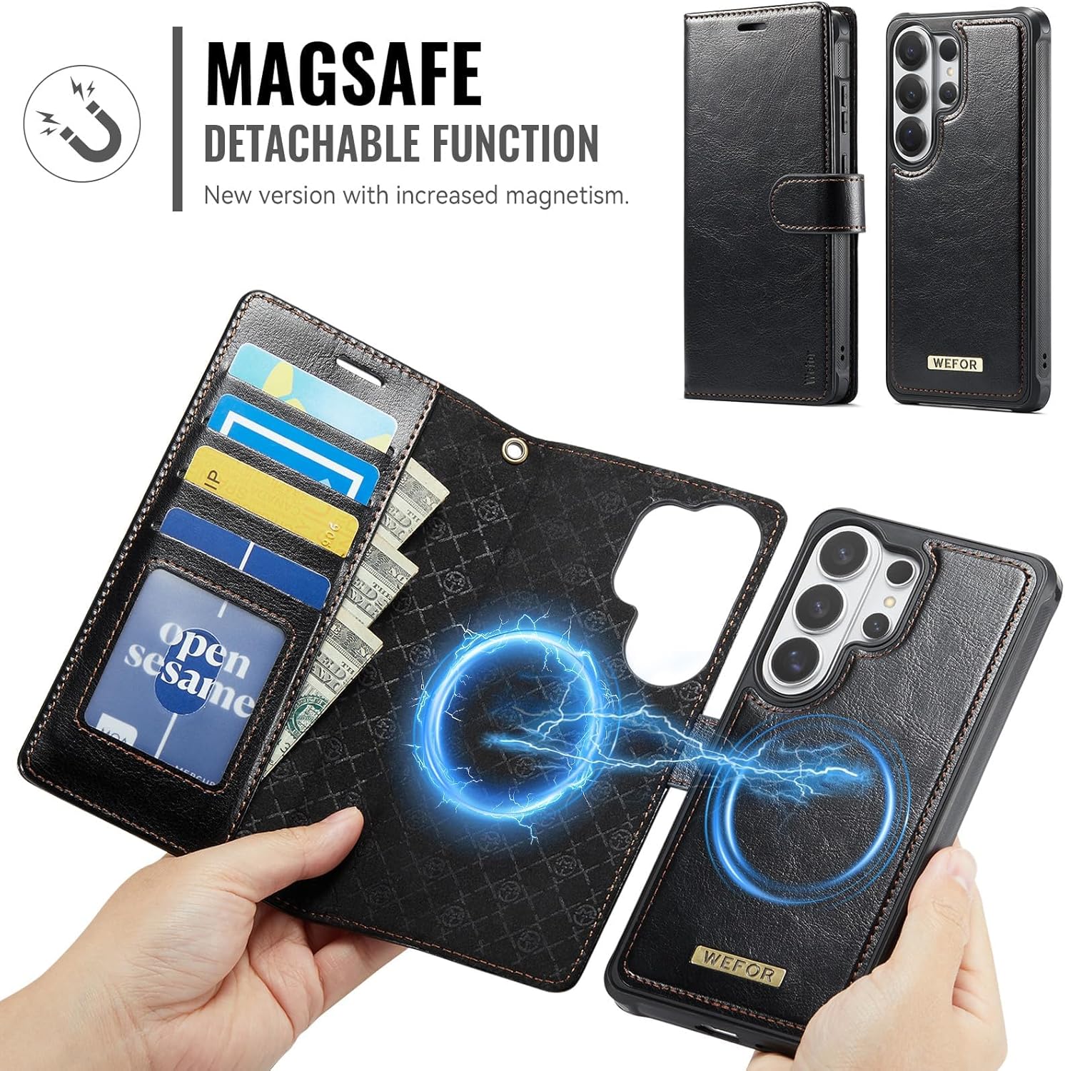 Wefor for Samsung Galaxy S26 Ultra Wallet Case Compatible with Magsafe, 2-in-1 PU Leather Flip RFID Blocking 4 Card Holders Stand Shockproof Magnetic Detachable Cover for S26 Ultra 6.9" Case (Black)