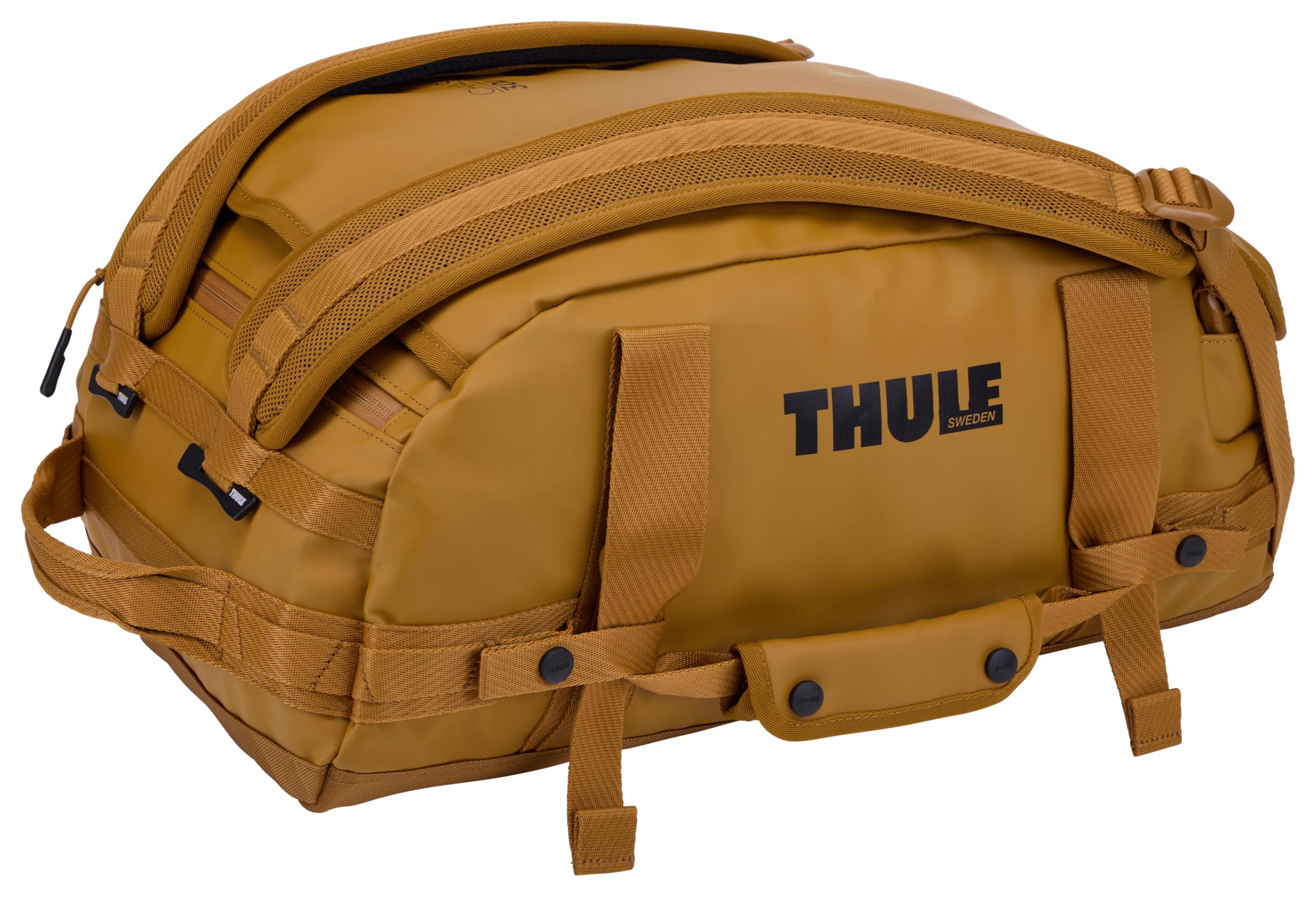 Thule Chasm Torba podróżna duffel 30 l, szeroki otwór ułatwiający pakowanie, plecak, wewnętrzne kieszenie z siatki, wzmocnione dno, z blokadą, materiały, taśmy i siatki z materiału w 100% z recyklingu